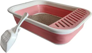 Senior Cat Litter Boxes, Collapsible Open Low Entry Cat Litter Pan with Scoop Travel Cat Potty Pan Foldable Pet Toilet for Sick Disabled Older Elderly Cats Pink 20.9x15.7x5.7 inch