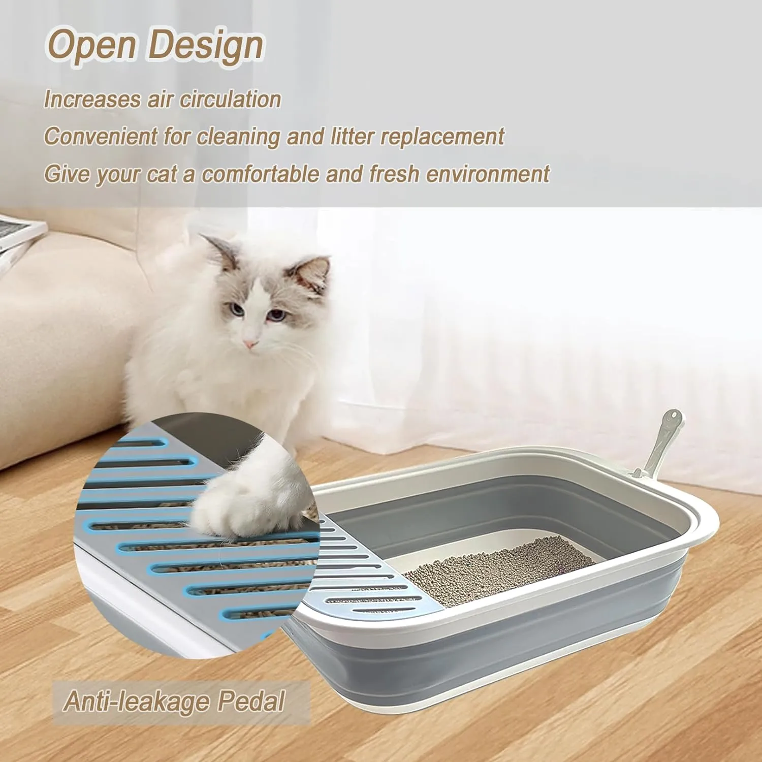 Senior Cat Litter Boxes, Collapsible Open Low Entry Cat Litter Pan with Scoop Travel Cat Potty Pan Foldable Pet Toilet for Sick Disabled Older Elderly Cats Pink 20.9x15.7x5.7 inch