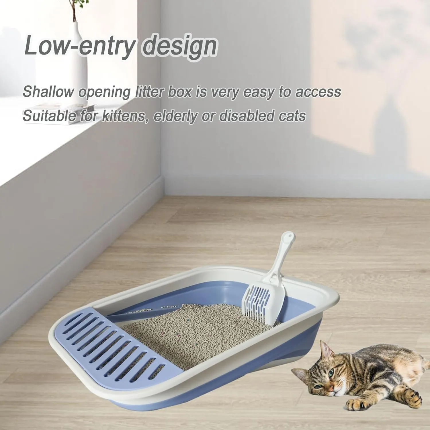 Senior Cat Litter Boxes, Collapsible Open Low Entry Cat Litter Pan with Scoop Travel Cat Potty Pan Foldable Pet Toilet for Sick Disabled Older Elderly Cats Pink 20.9x15.7x5.7 inch