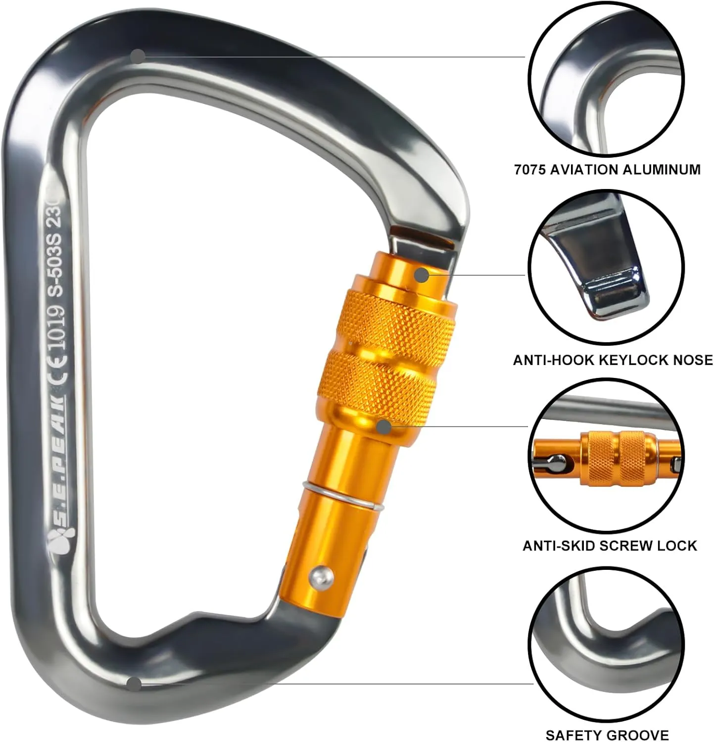 SEPEAK UIAA 30kN Locking Climbing Carabiner, Professional Heavy Duty Screwgate Clip for Outdoor Climbing, Mountaineering, Rappelling, Camping, Hiking, Swing,Large D Carabiner Hook/6744lb