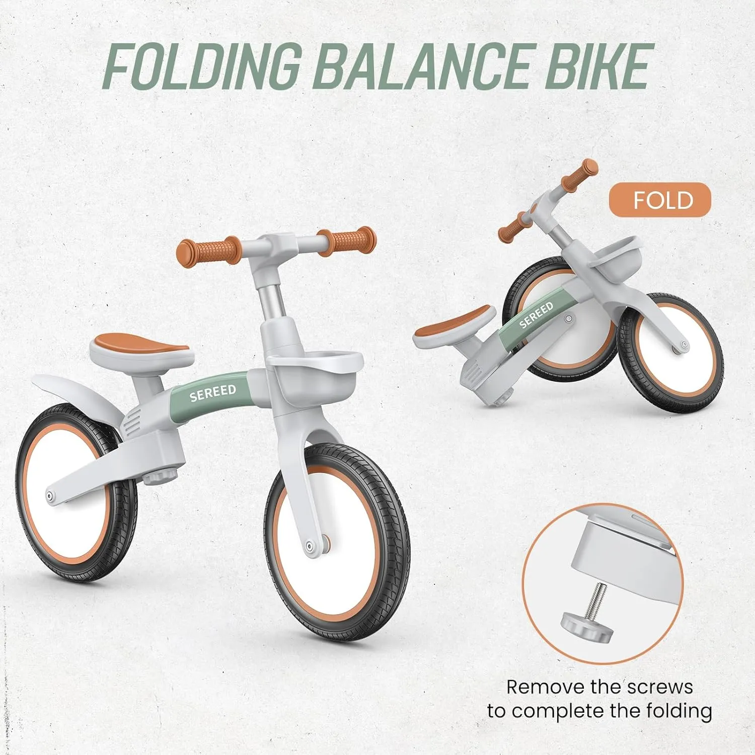 SEREED Toddler Balance Bike 2.5 Year Old, 12 Inch Adjustable Folding Kids Bike Toy with Basket, Birthday Gift for Age 3 4 5 Boys Girls, Tool-Free Assembly, No Pedal (Green)