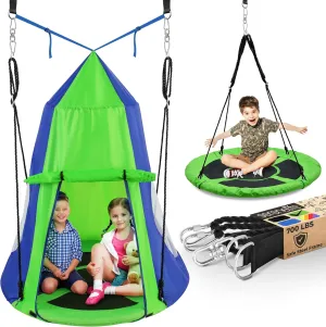 SereneLife 40" Kids Hanging Tent Swing, Outdoor Saucer Swing with Hang Kit and Swinging Swivel Spinner (Green)