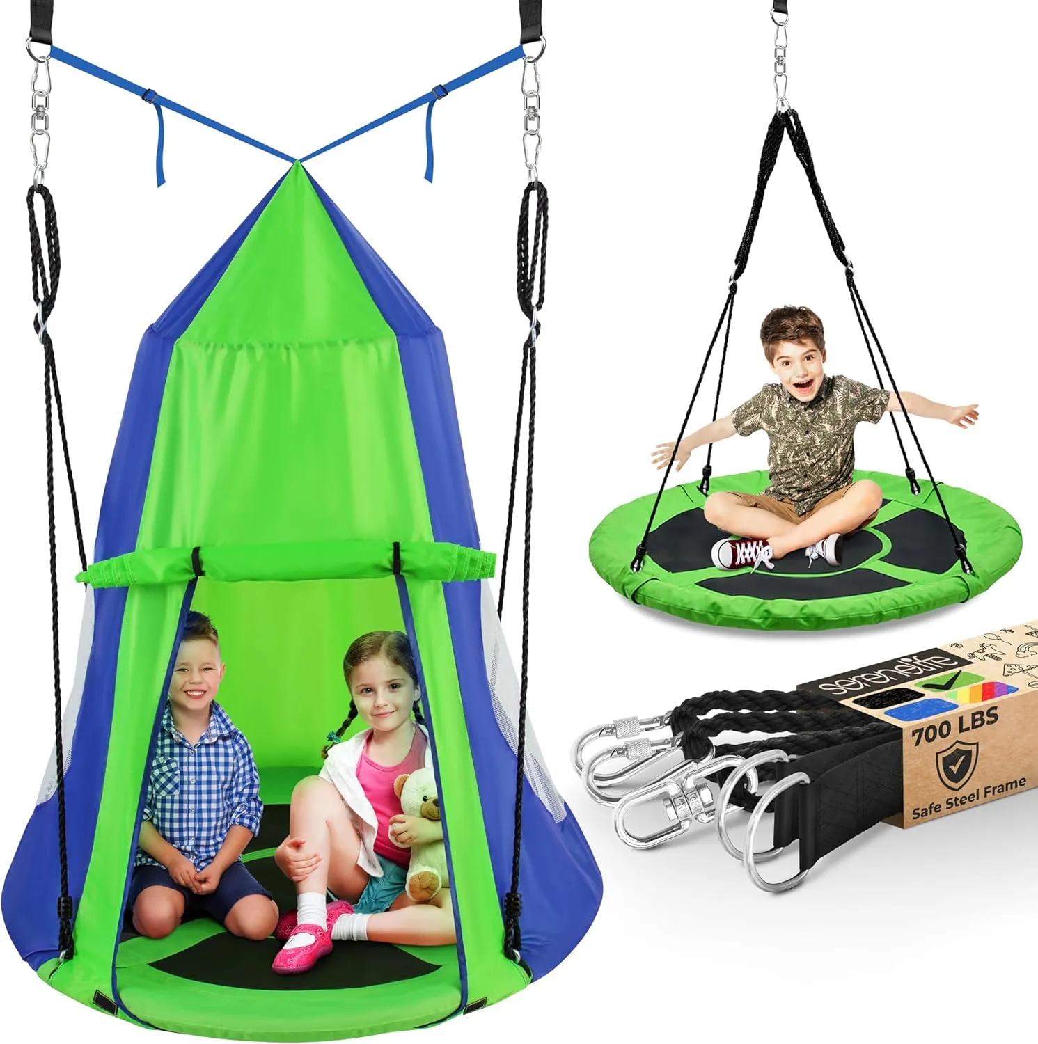 SereneLife 40" Kids Hanging Tent Swing, Outdoor Saucer Swing with Hang Kit and Swinging Swivel Spinner (Green)