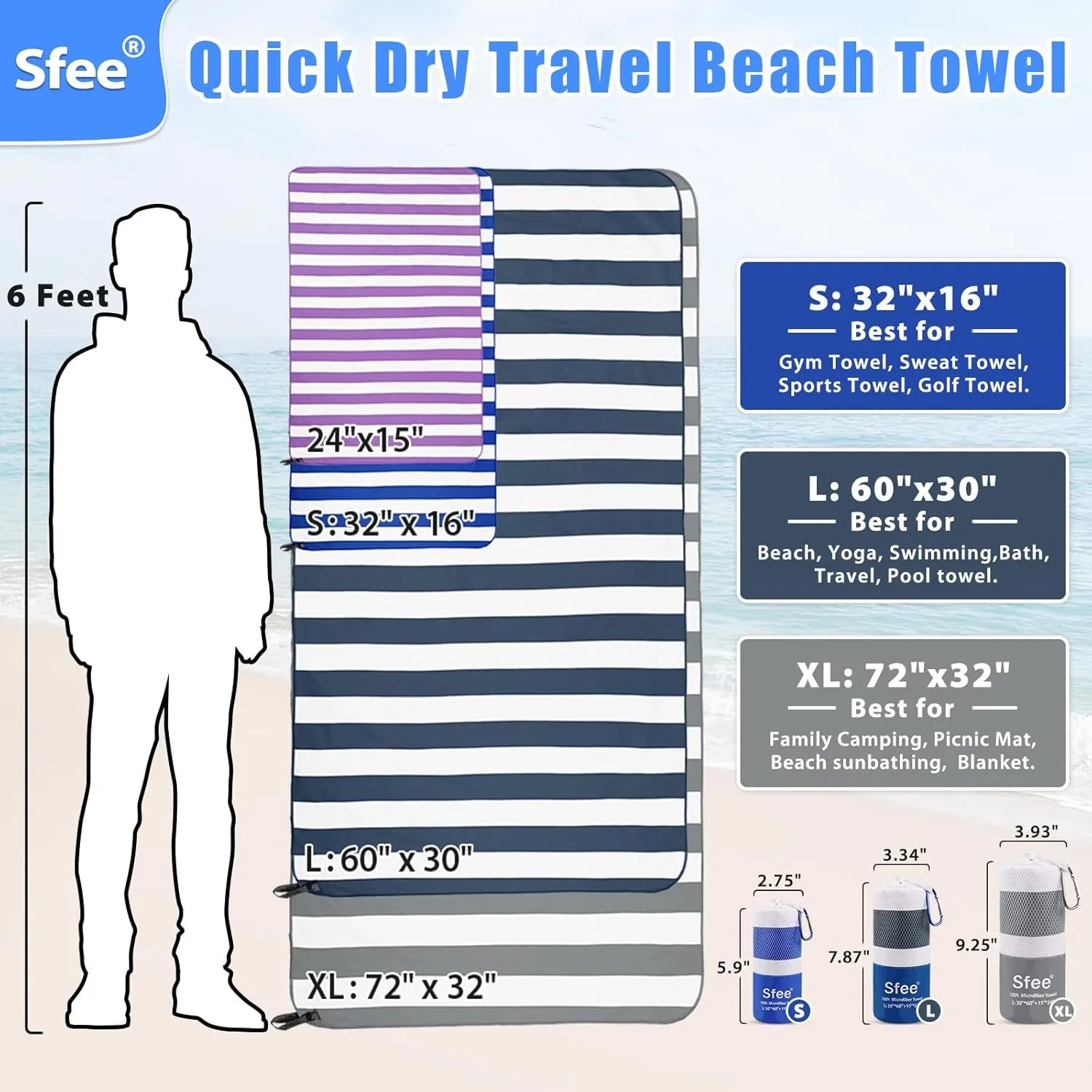 Sfee 2 in 1 Microfiber Beach Towel, Quick Dry Towel Camping Towel Travel Towel Super Absorbent Compact Lightweight Sports Gym Towels Set for Beach, Gym, Hiking, Pool, Backpacking, Bath, Yoga