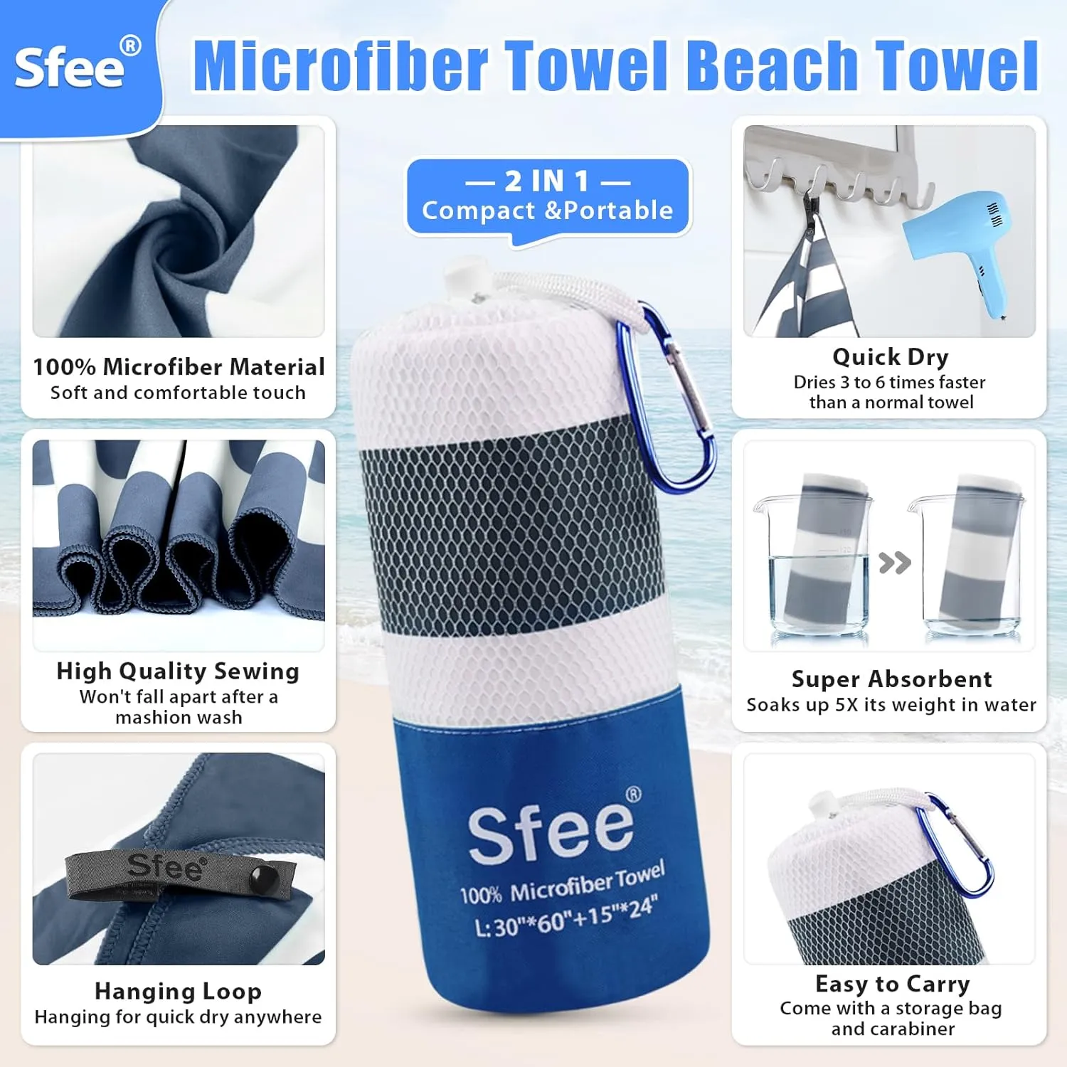 Sfee 2 in 1 Microfiber Beach Towel, Quick Dry Towel Camping Towel Travel Towel Super Absorbent Compact Lightweight Sports Gym Towels Set for Beach, Gym, Hiking, Pool, Backpacking, Bath, Yoga