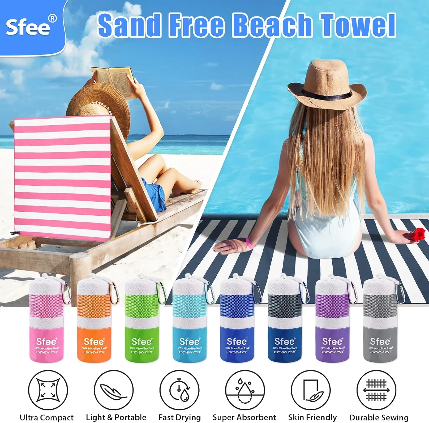 Sfee 4 Pack(8Pcs) Microfiber Travel Towel, Beach Towel Quick Dry Towel Camping Towel Super Absorbent Compact Lightweight Sports Towel Gym Towel Set for Beach, Gym, Hiking, Pool, Backpacking, Yoga