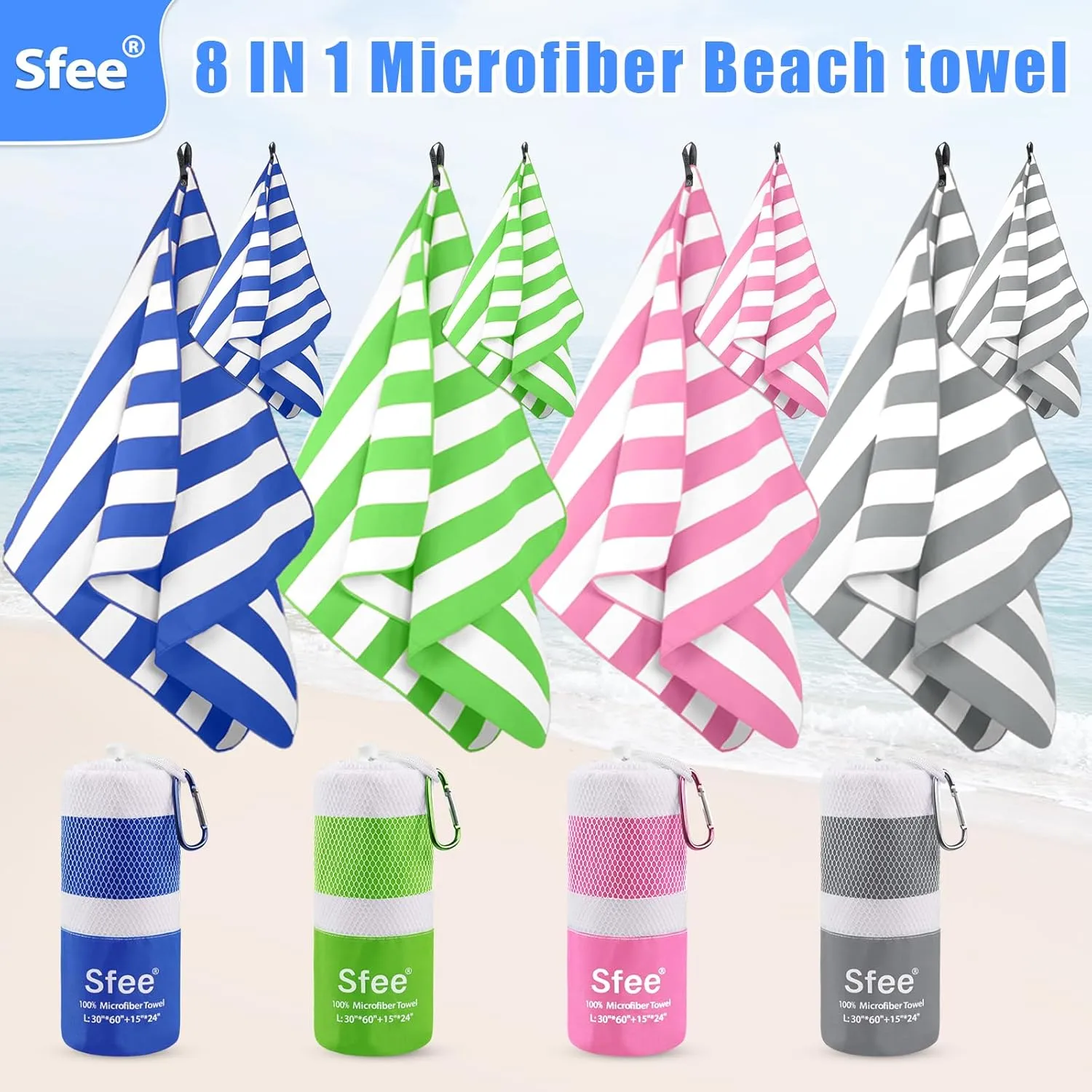 Sfee 4 Pack(8Pcs) Microfiber Travel Towel, Beach Towel Quick Dry Towel Camping Towel Super Absorbent Compact Lightweight Sports Towel Gym Towel Set for Beach, Gym, Hiking, Pool, Backpacking, Yoga