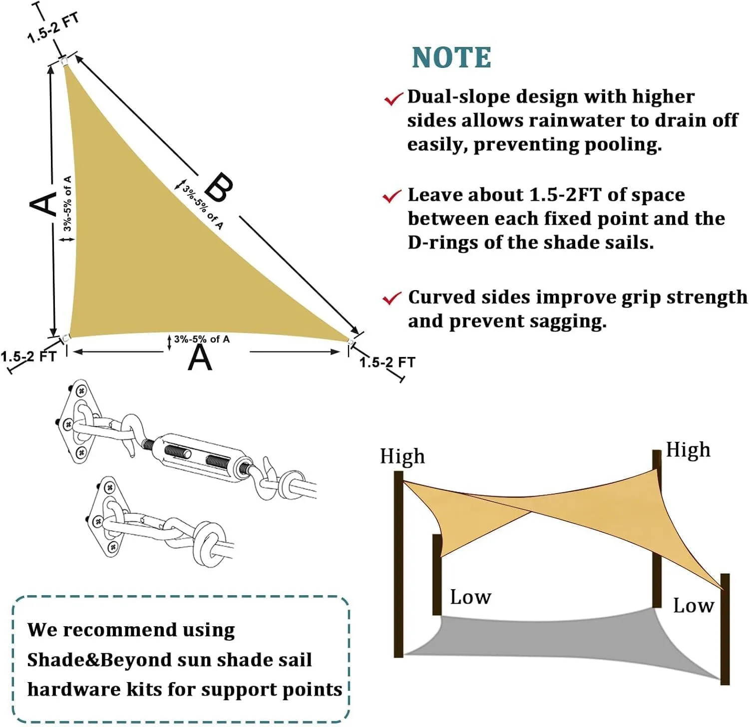 Shade&Beyond Waterproof Sun Shade, Triangle Shade Sail UV Block for Outdoor Activies Backyard Patio 16'x16'x16', Sand