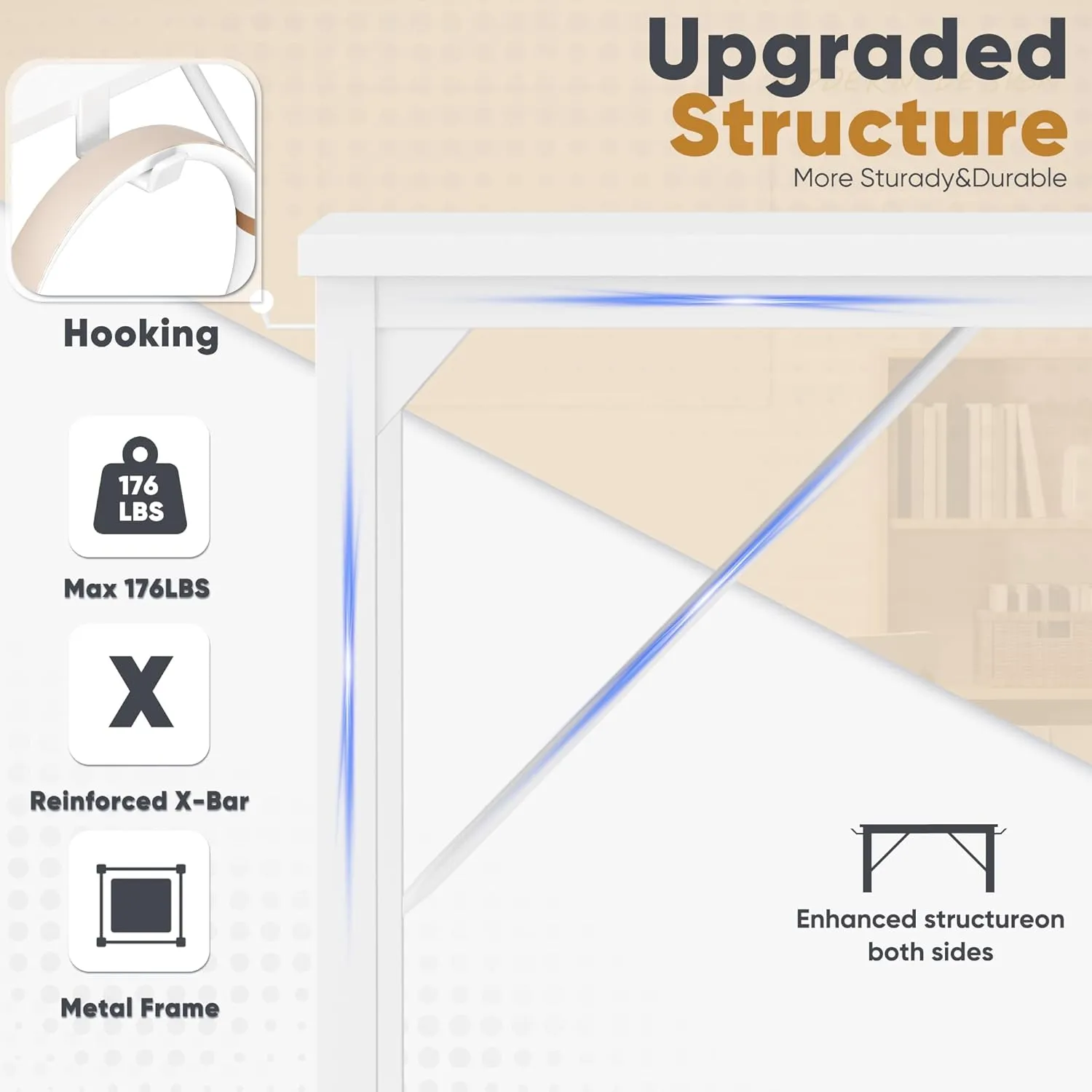 Shahoo Computer Desk, 48 Inch Office Writing Work Table, with Storage Bag and Hook, for Home, Study, White
