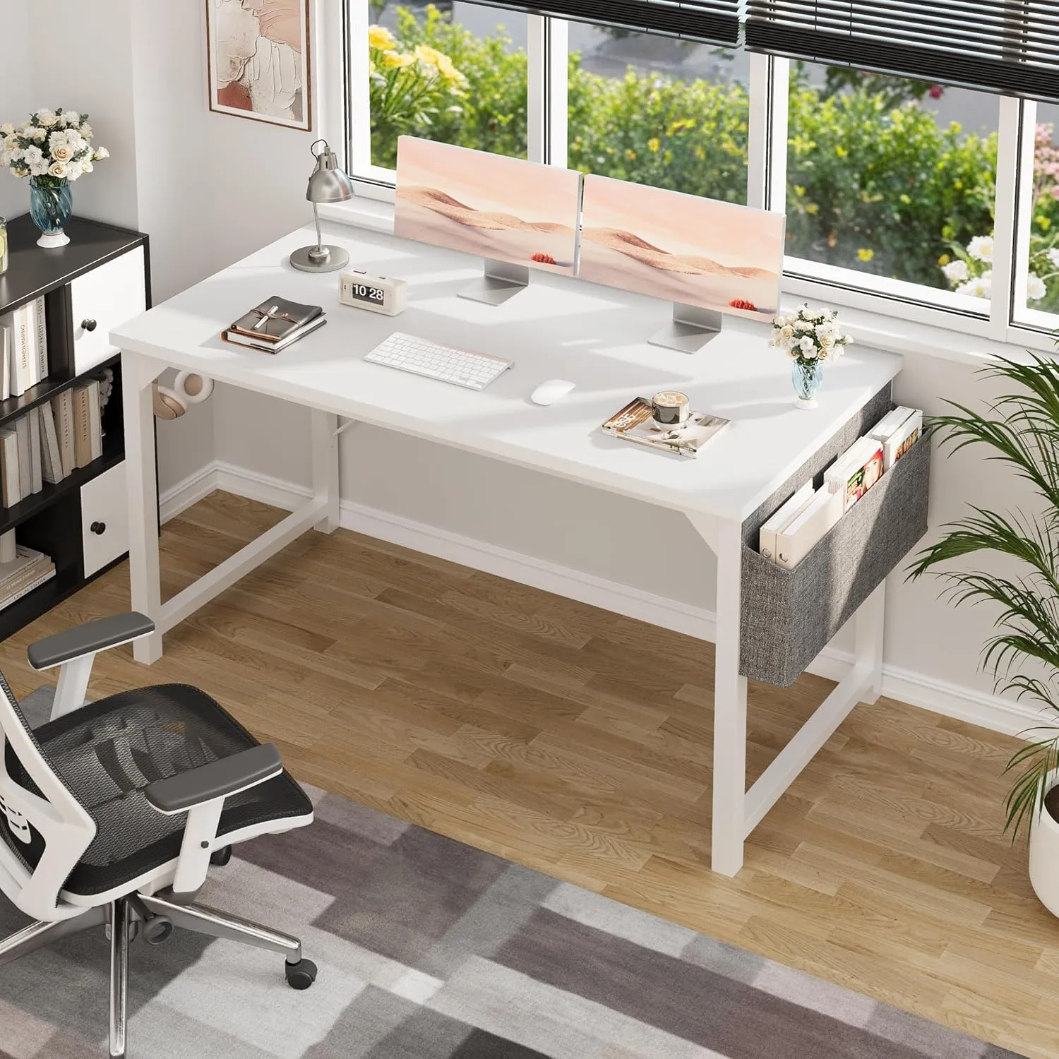 Shahoo Computer Desk, 48 Inch Office Writing Work Table, with Storage Bag and Hook, for Home, Study, White