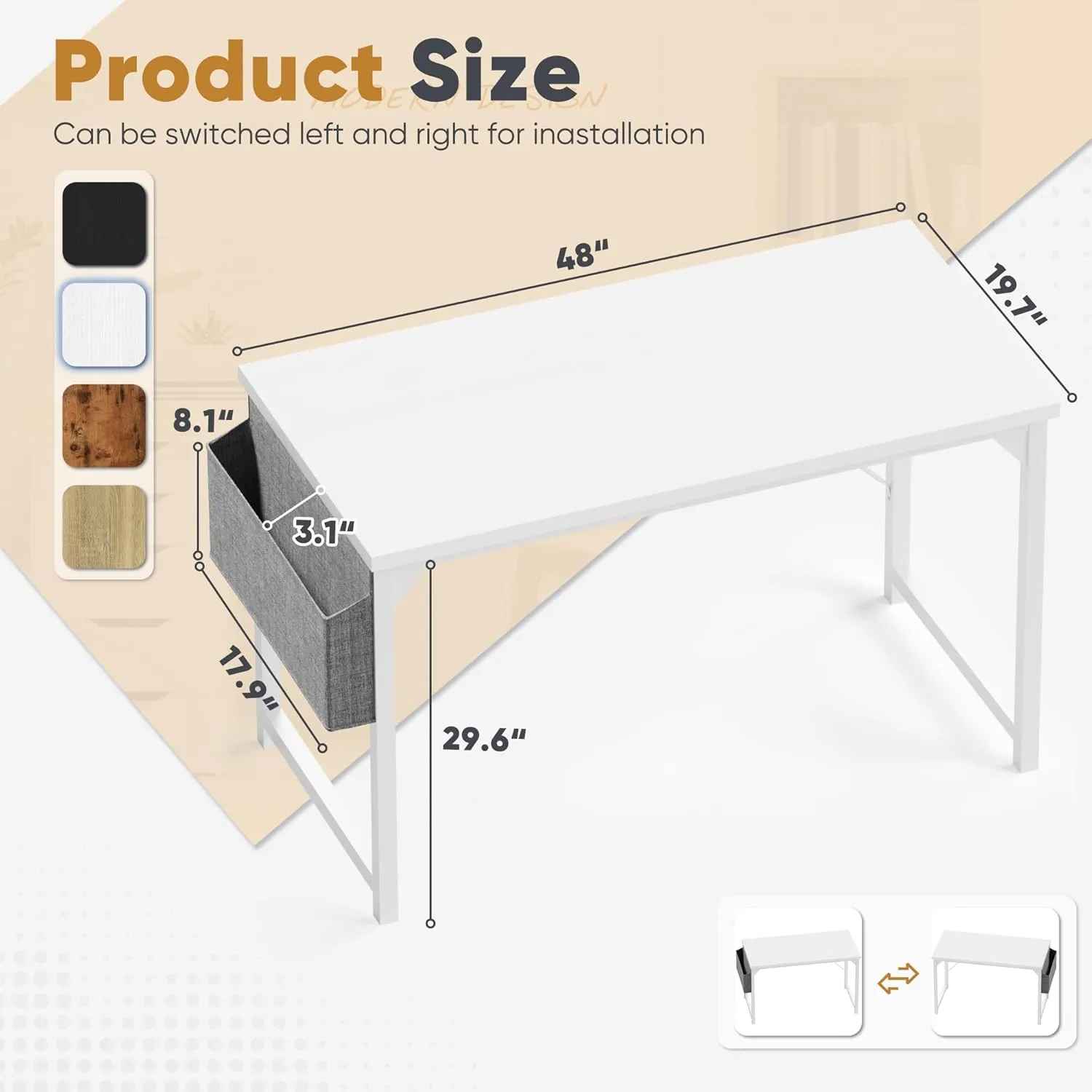Shahoo Computer Desk, 48 Inch Office Writing Work Table, with Storage Bag and Hook, for Home, Study, White