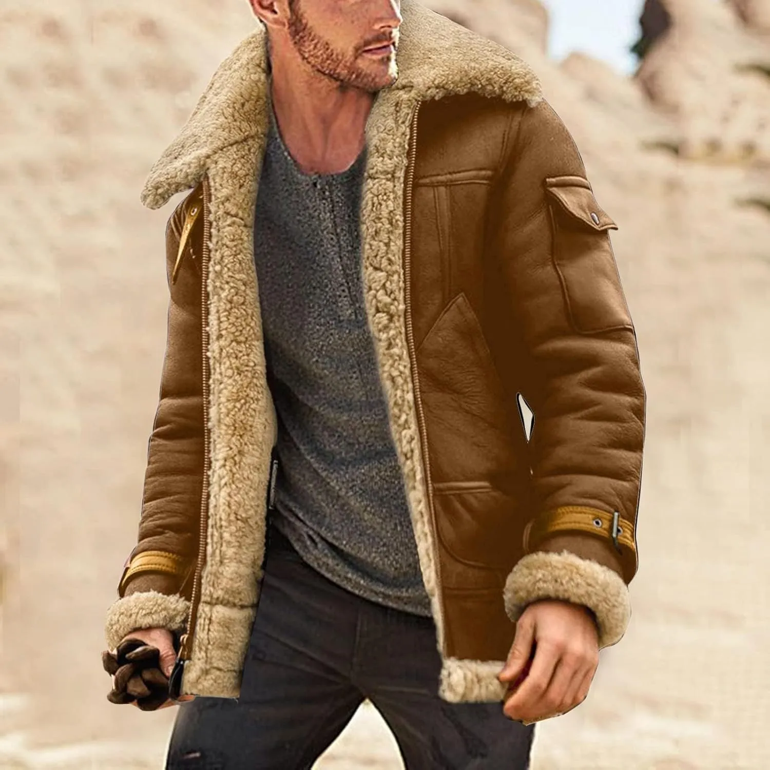 Shearling Coat Men Warm Fleece Lined Coat Aviator Shearling Sheepskin Leather Winter Jacket Lapel Work Cargo Jackets