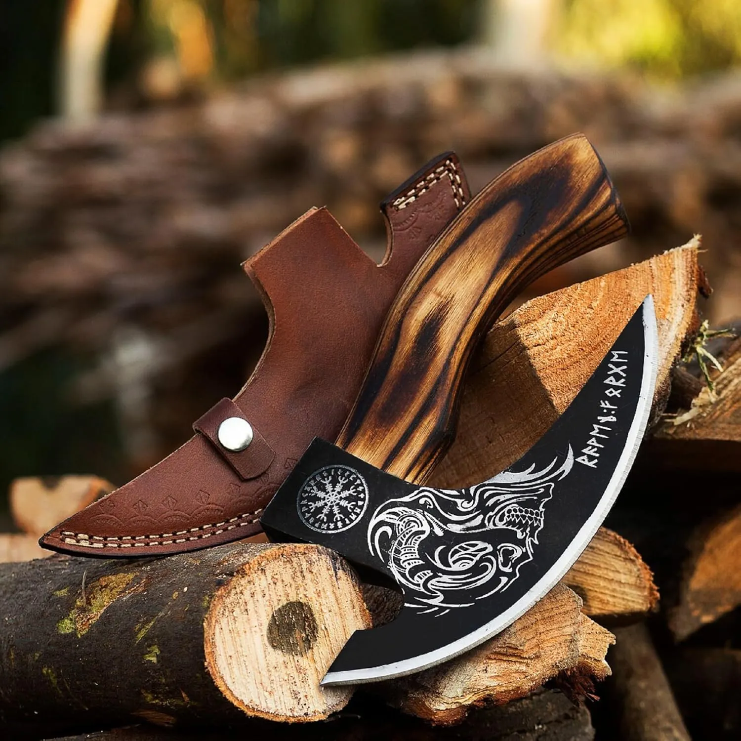 SHINY CRAFTS -Viking Pizza Cutter Axe Pizza Axe Viking Hatchet Mini Axe- Pizza Cutter, Viking Axe, Camping Axe, Small Axe with Premium Leather Sheath (VBA-0029)