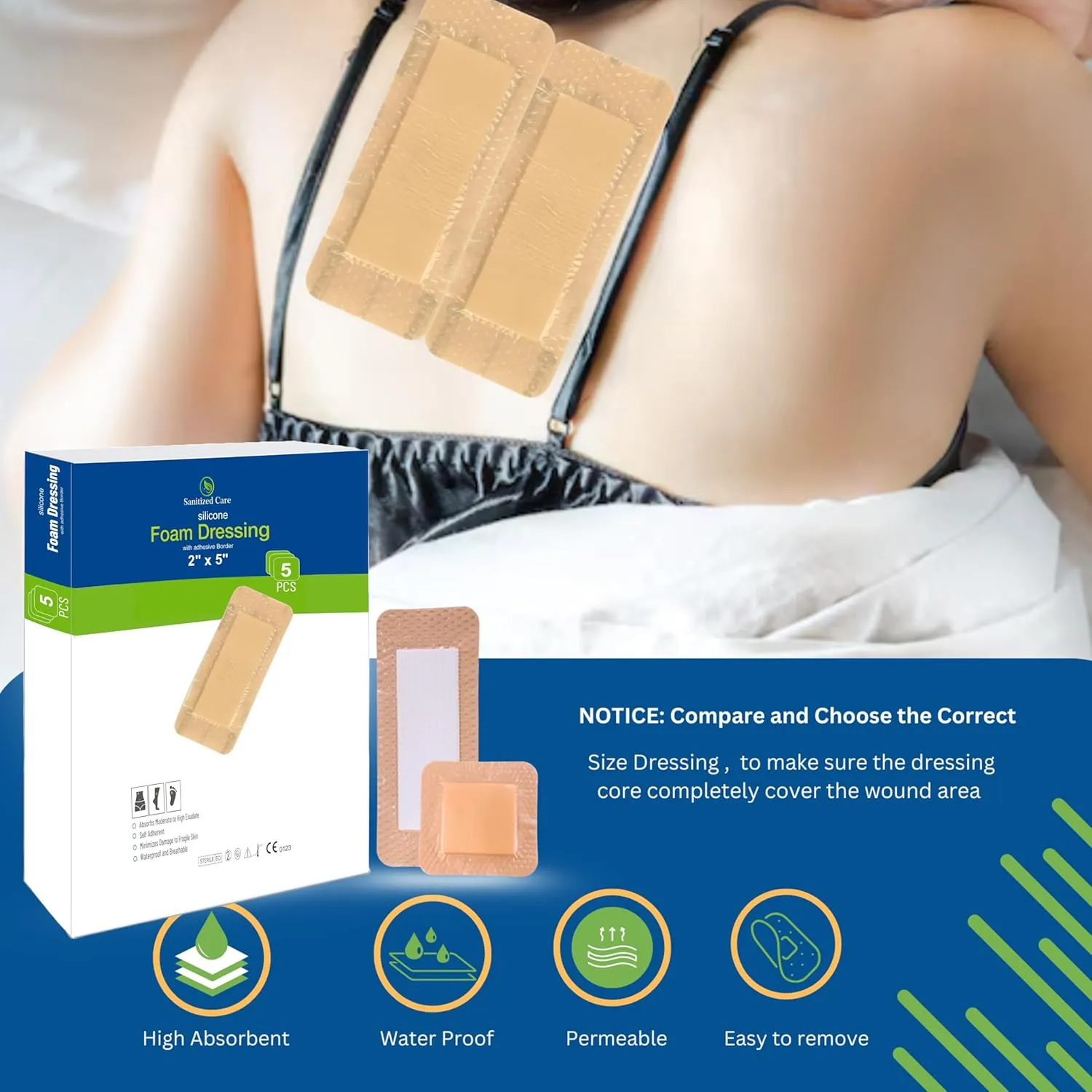 Silicone Foam Dressing with Border Adhesive 2"x5" Wound Dressing First Aid Bandage for Wound Care 05 Pack