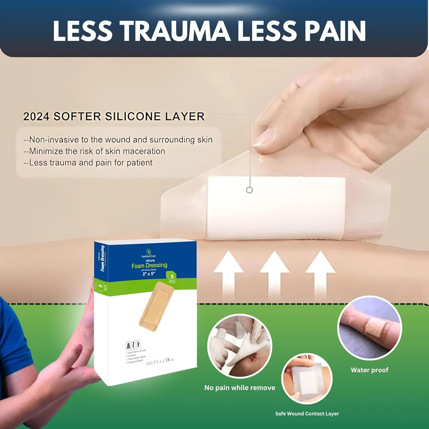 Silicone Foam Dressing with Border Adhesive 2"x5" Wound Dressing First Aid Bandage for Wound Care 05 Pack