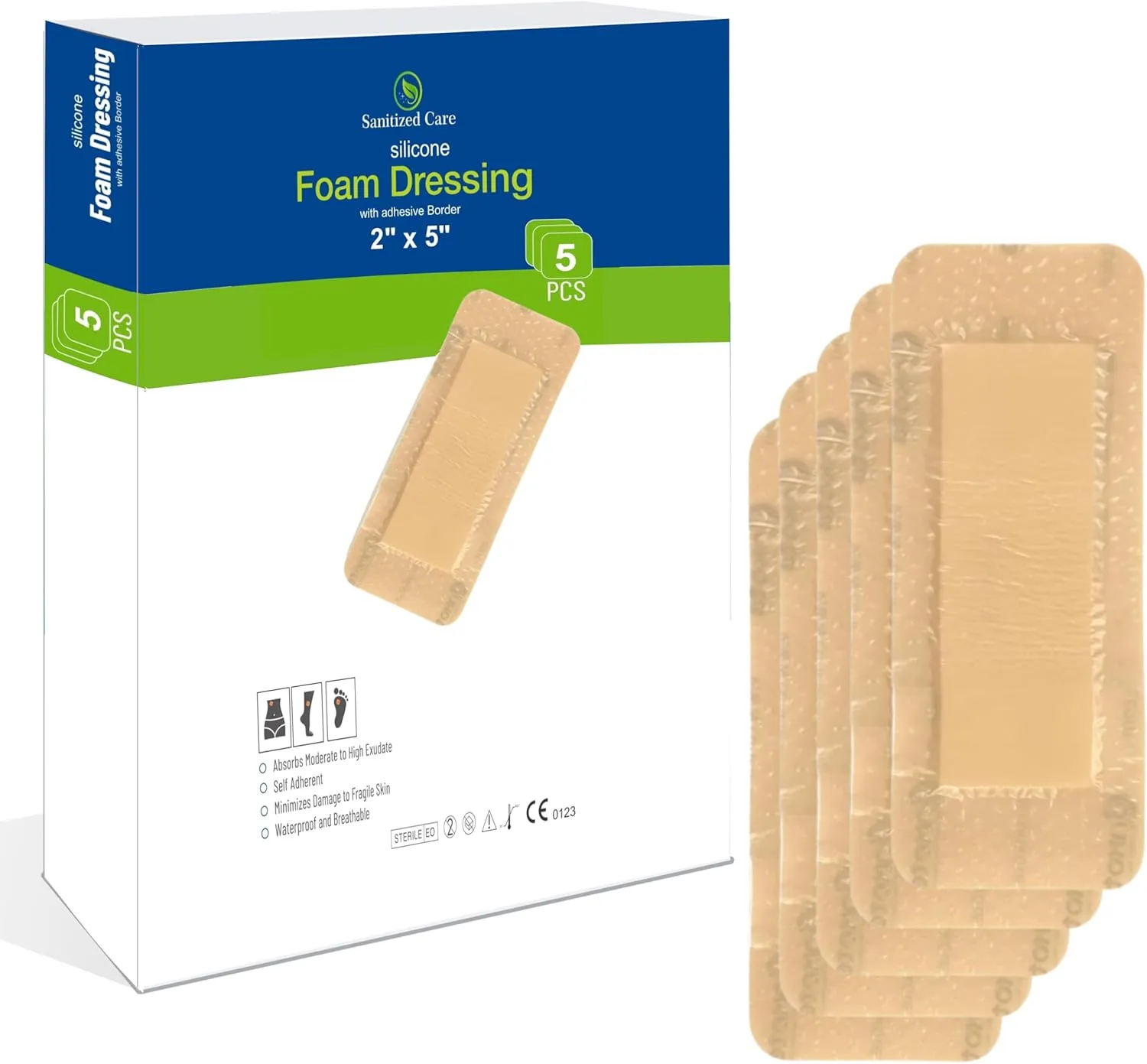 Silicone Foam Dressing with Border Adhesive 2"x5" Wound Dressing First Aid Bandage for Wound Care 05 Pack