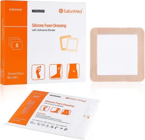 Silicone Foam Dressing with Gentle Adhesive Border 6''x6'' 5 Pack, Painless Removal High Absorbency Waterproof Bed Sore Bandage for Pressure Ulcer, Leg Ulcer, Diabetic Foot Ulcer by EalionMed