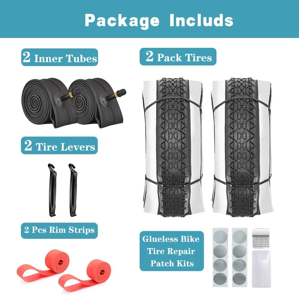 SIMEIQI 2 Pack 24"/ 26"x2.125" Inch Beach Cruiser Bike Tires and Tubes or Without Tubes 24"/ 26"x1.75"/2.125" with 32mm AV Valves with or Without 8 Patches Kit Compatible with 26 Inch Bicycle Tires