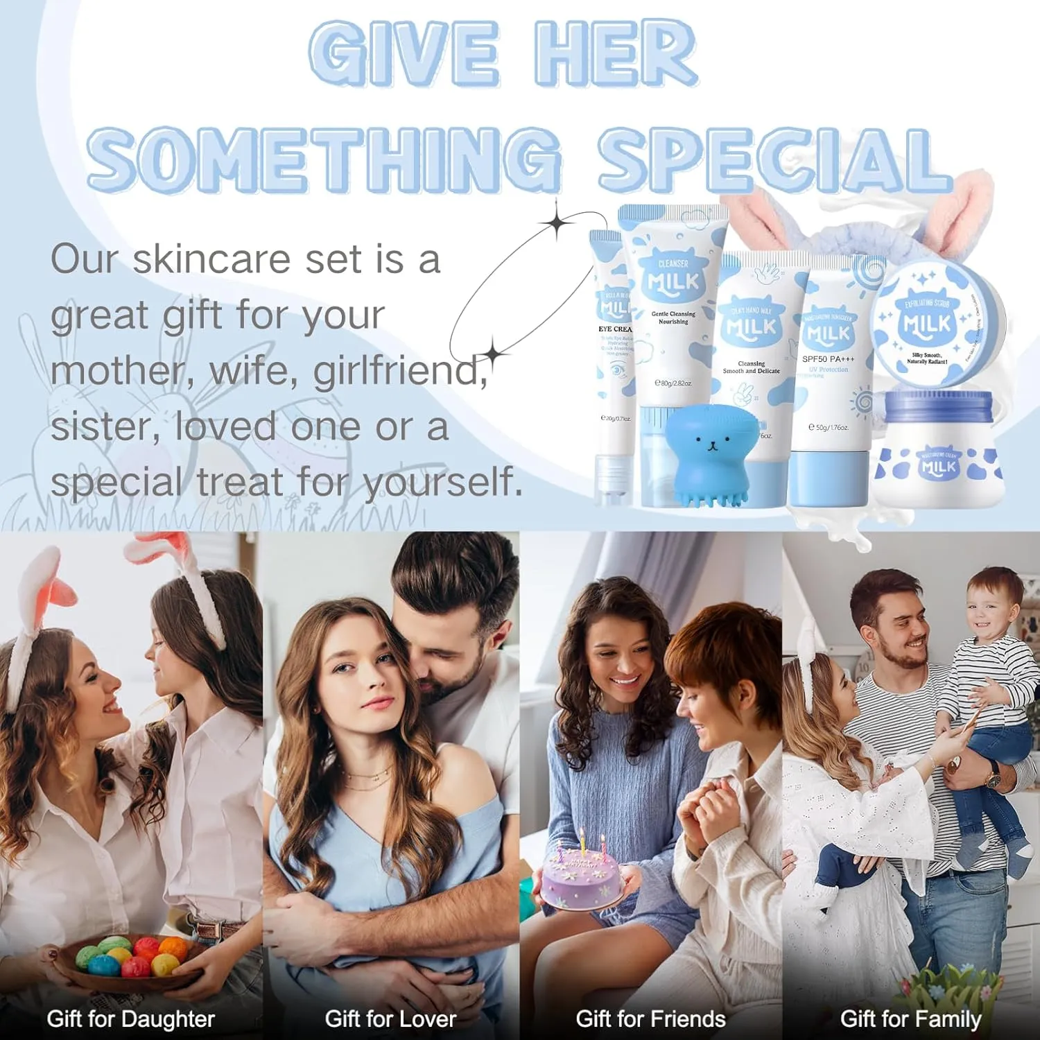 Skin Care Kit Milk Girls Gifts - Teen Skin Care Set - Skin Care Routine Kit for Women - with Hand Wax,Sunscreen,Face & Eye Cream,Exfoliating Scrub,Cleanser - Mother's Day Gifts (8PCS, Milk)