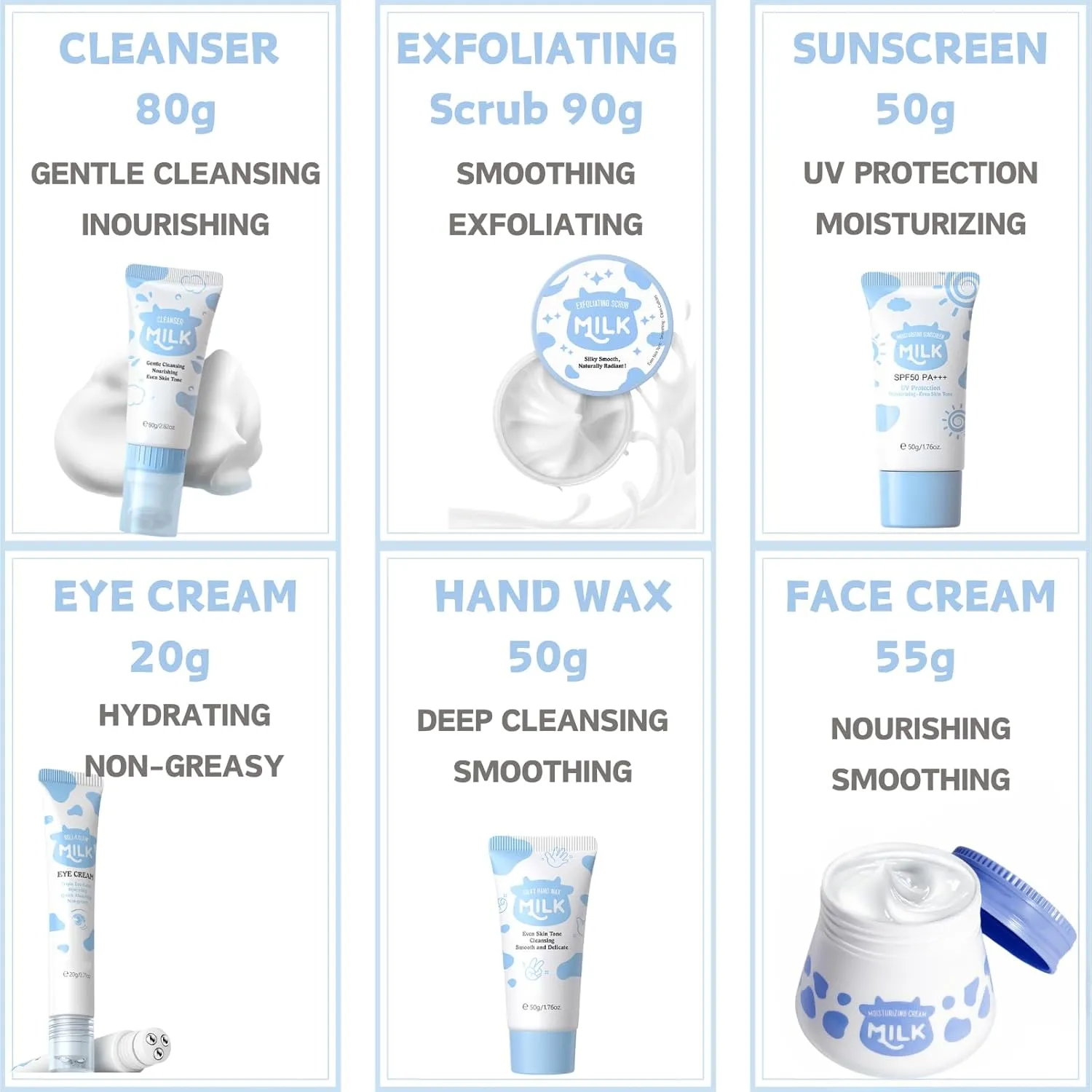 Skin Care Kit Milk Girls Gifts - Teen Skin Care Set - Skin Care Routine Kit for Women - with Hand Wax,Sunscreen,Face & Eye Cream,Exfoliating Scrub,Cleanser - Mother's Day Gifts (8PCS, Milk)