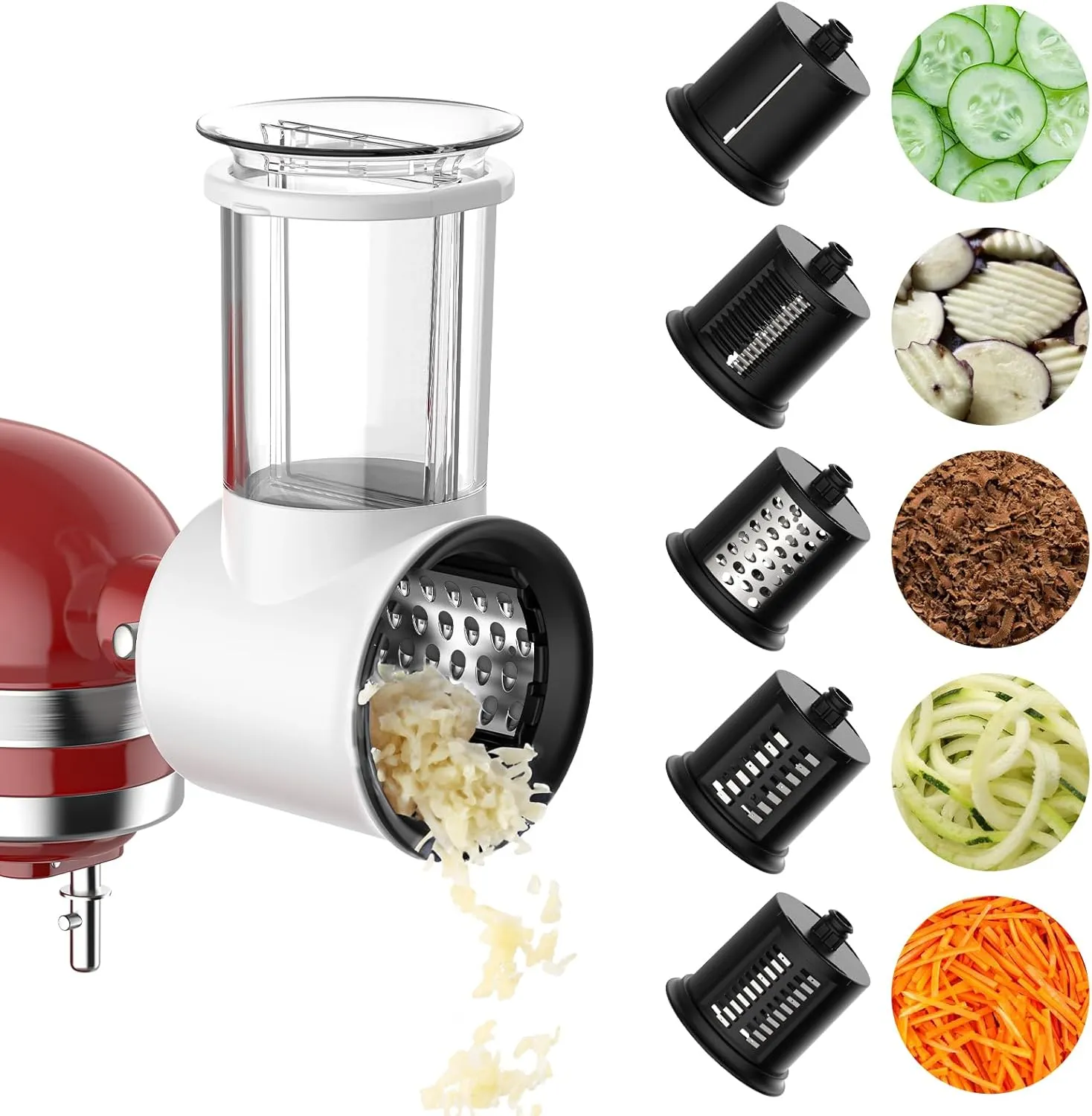 Slicer Shredder Attachment for Kitchen Aid Stand Mixer, Cheese Grater Attachment for Kitchen Aid Stand Mixer, Salad Maker Accessory, Food Processor with 5 Blades by FGREEBLE, High Volume, White