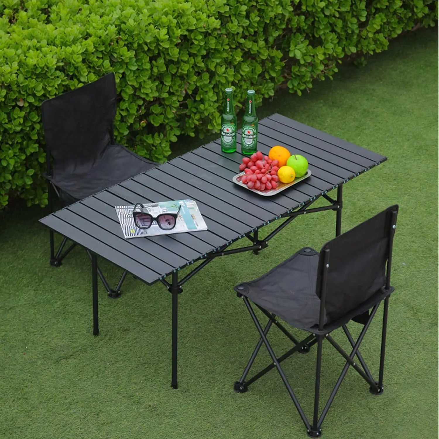 Small Camping Table, Foldable Beach Table with Aluminum Top, Portable Design for Outdoor Picnic, BBQ, Cooking, and Festivals with Carrying Bag Black 120×55×50cm/47×21×19.7in