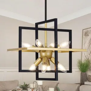 Small Modern Lantern Chandeliers, Geometric Black Gold Pendant Light Fixture, 8-Light Industrial Hanging Chandelier for Dining Room, Kitchen, Bedroom, Foyer, Entryway-UL Listed