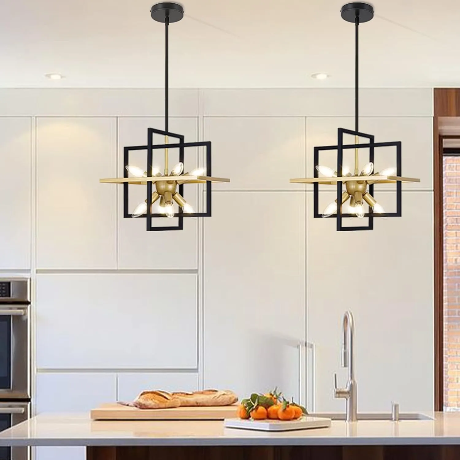 Small Modern Lantern Chandeliers, Geometric Black Gold Pendant Light Fixture, 8-Light Industrial Hanging Chandelier for Dining Room, Kitchen, Bedroom, Foyer, Entryway-UL Listed