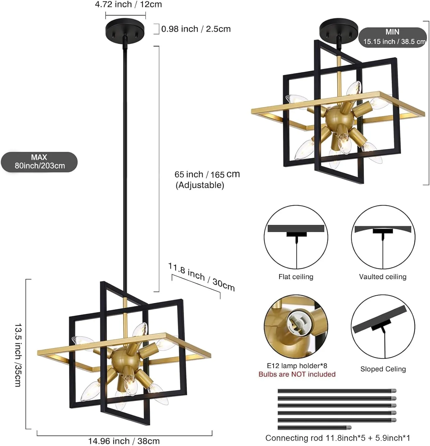 Small Modern Lantern Chandeliers, Geometric Black Gold Pendant Light Fixture, 8-Light Industrial Hanging Chandelier for Dining Room, Kitchen, Bedroom, Foyer, Entryway-UL Listed