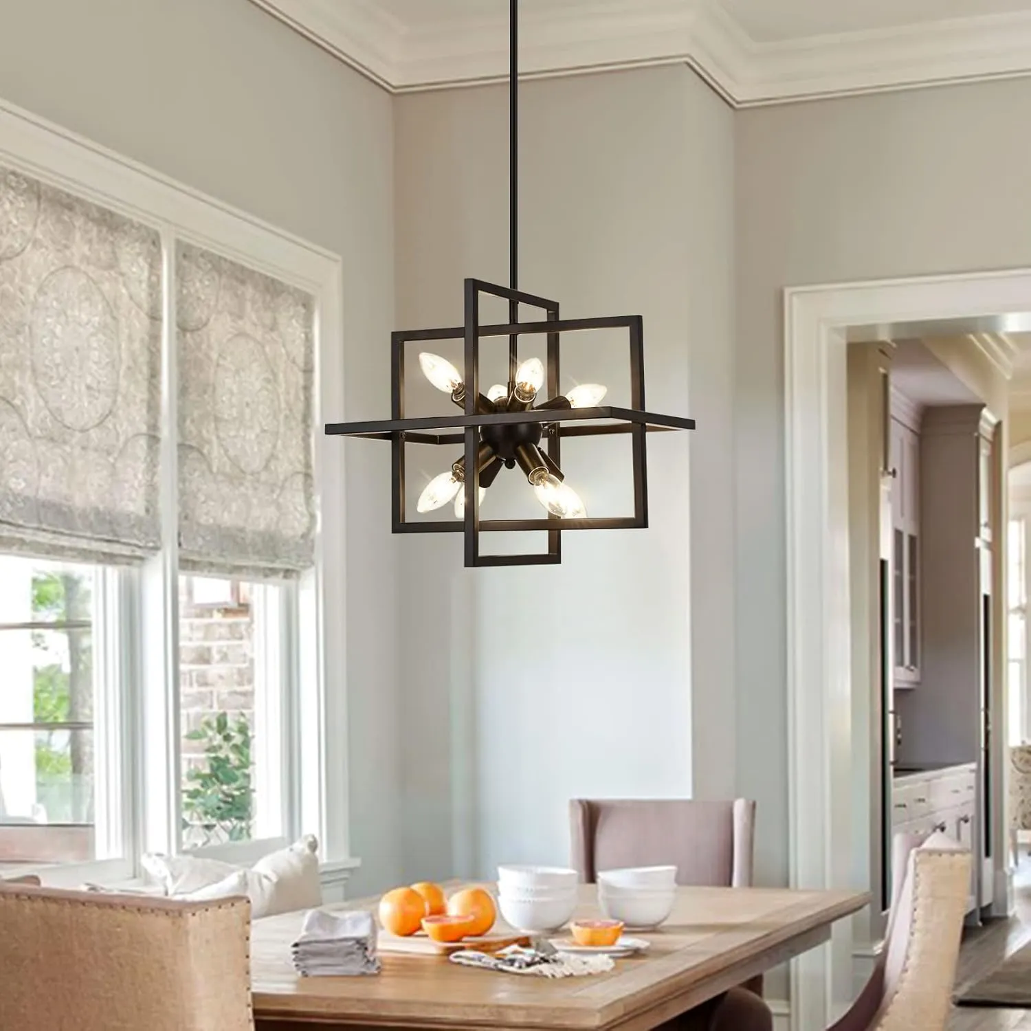 Small Modern Lantern Chandeliers, Geometric Black Pendant Lighting, 8-Light Industrial Hanging Chandelier Light Fixture for Dining Room, Kitchen, Bedroom, Foyer, Entryway, Farmhouse UL Listed