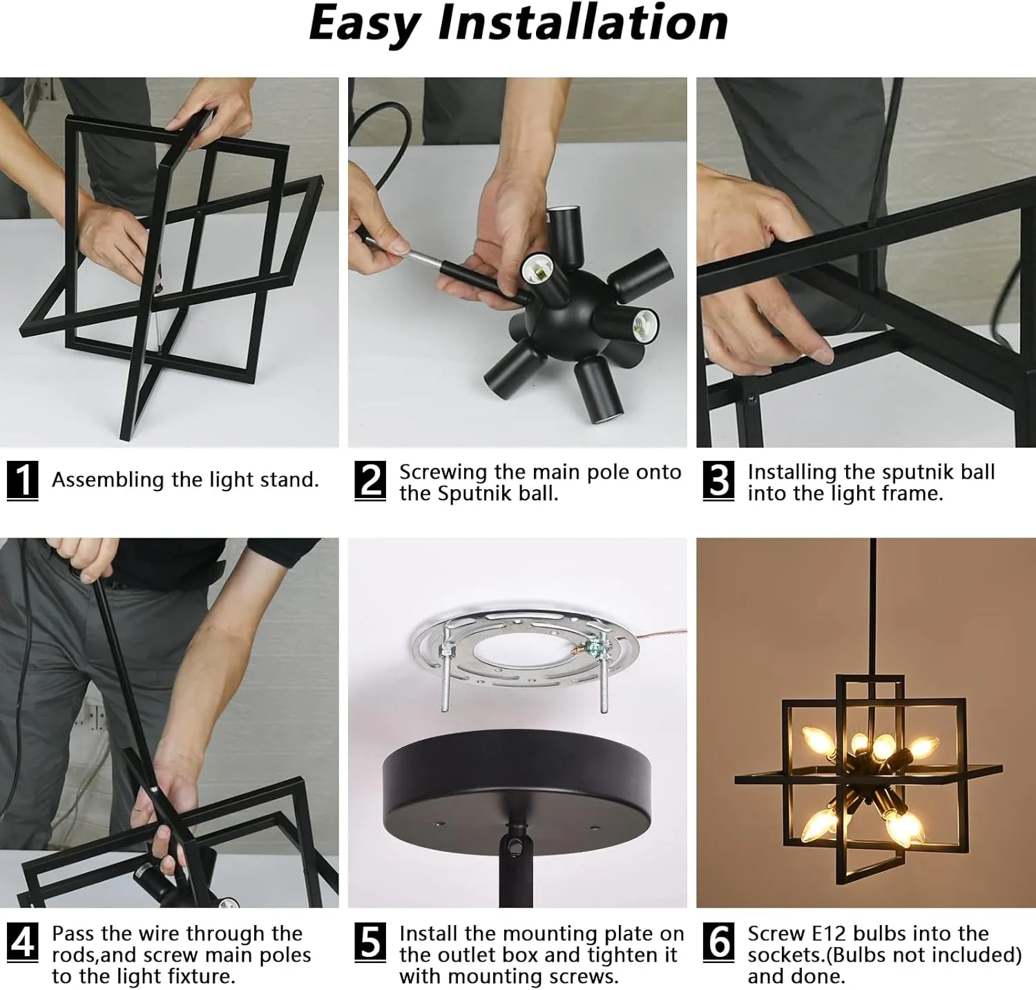 Small Modern Lantern Chandeliers, Geometric Black Pendant Lighting, 8-Light Industrial Hanging Chandelier Light Fixture for Dining Room, Kitchen, Bedroom, Foyer, Entryway, Farmhouse UL Listed