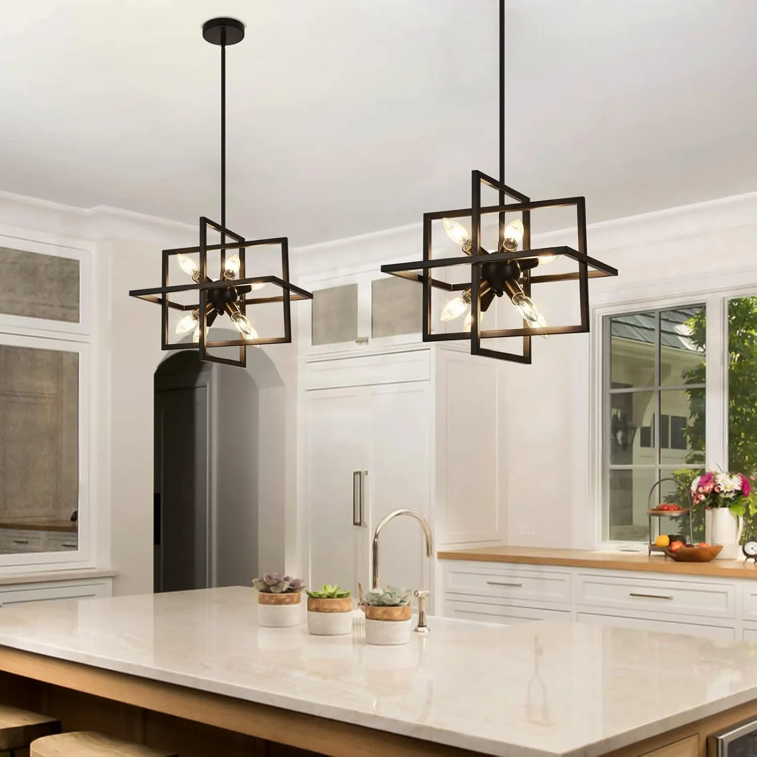 Small Modern Lantern Chandeliers, Geometric Black Pendant Lighting, 8-Light Industrial Hanging Chandelier Light Fixture for Dining Room, Kitchen, Bedroom, Foyer, Entryway, Farmhouse UL Listed