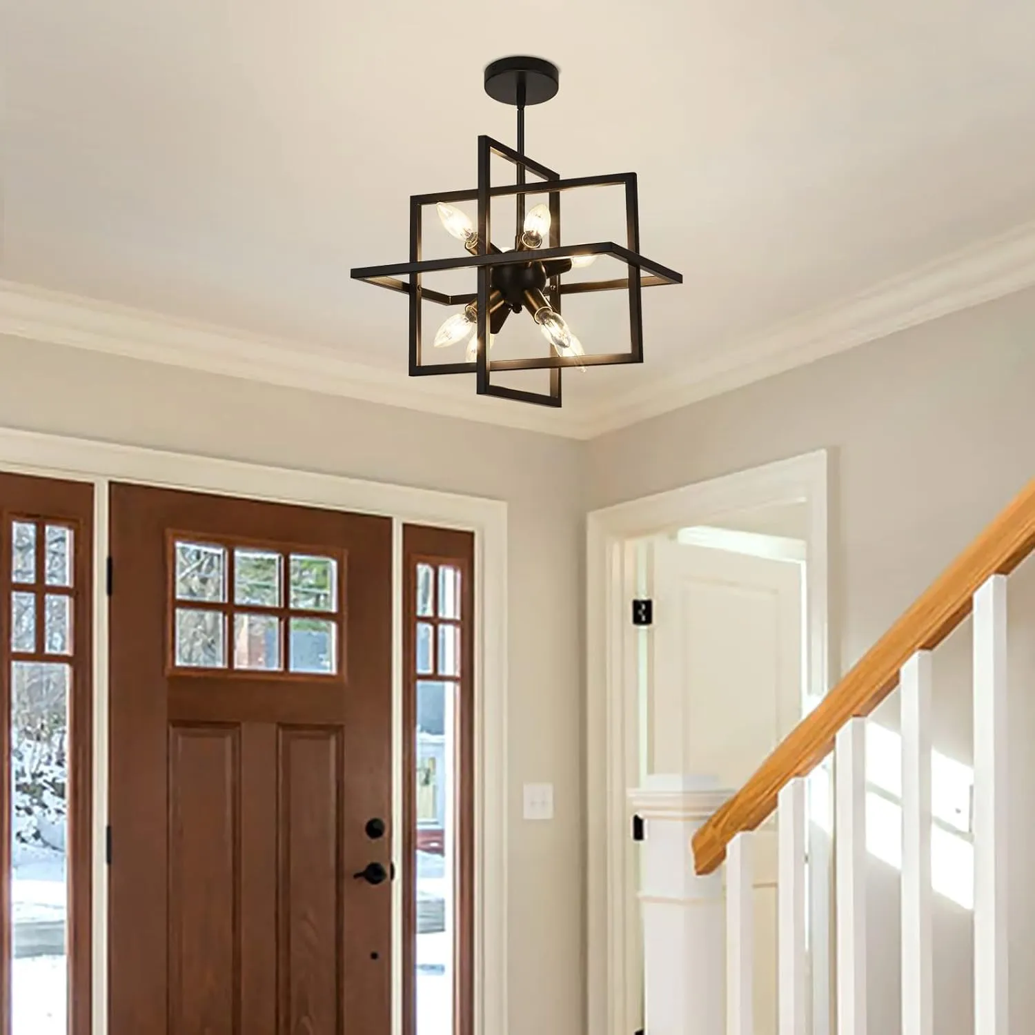 Small Modern Lantern Chandeliers, Geometric Black Pendant Lighting, 8-Light Industrial Hanging Chandelier Light Fixture for Dining Room, Kitchen, Bedroom, Foyer, Entryway, Farmhouse UL Listed