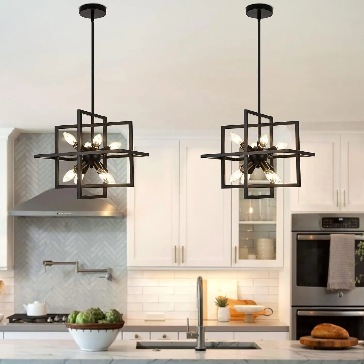 Small Modern Lantern Chandeliers, Geometric Black Pendant Lighting, 8-Light Industrial Hanging Chandelier Light Fixture for Dining Room, Kitchen, Bedroom, Foyer, Entryway, Farmhouse UL Listed