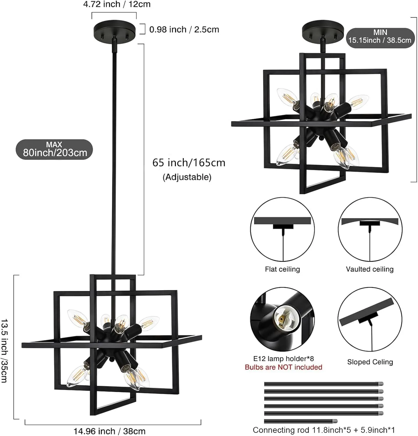Small Modern Lantern Chandeliers, Geometric Black Pendant Lighting, 8-Light Industrial Hanging Chandelier Light Fixture for Dining Room, Kitchen, Bedroom, Foyer, Entryway, Farmhouse UL Listed