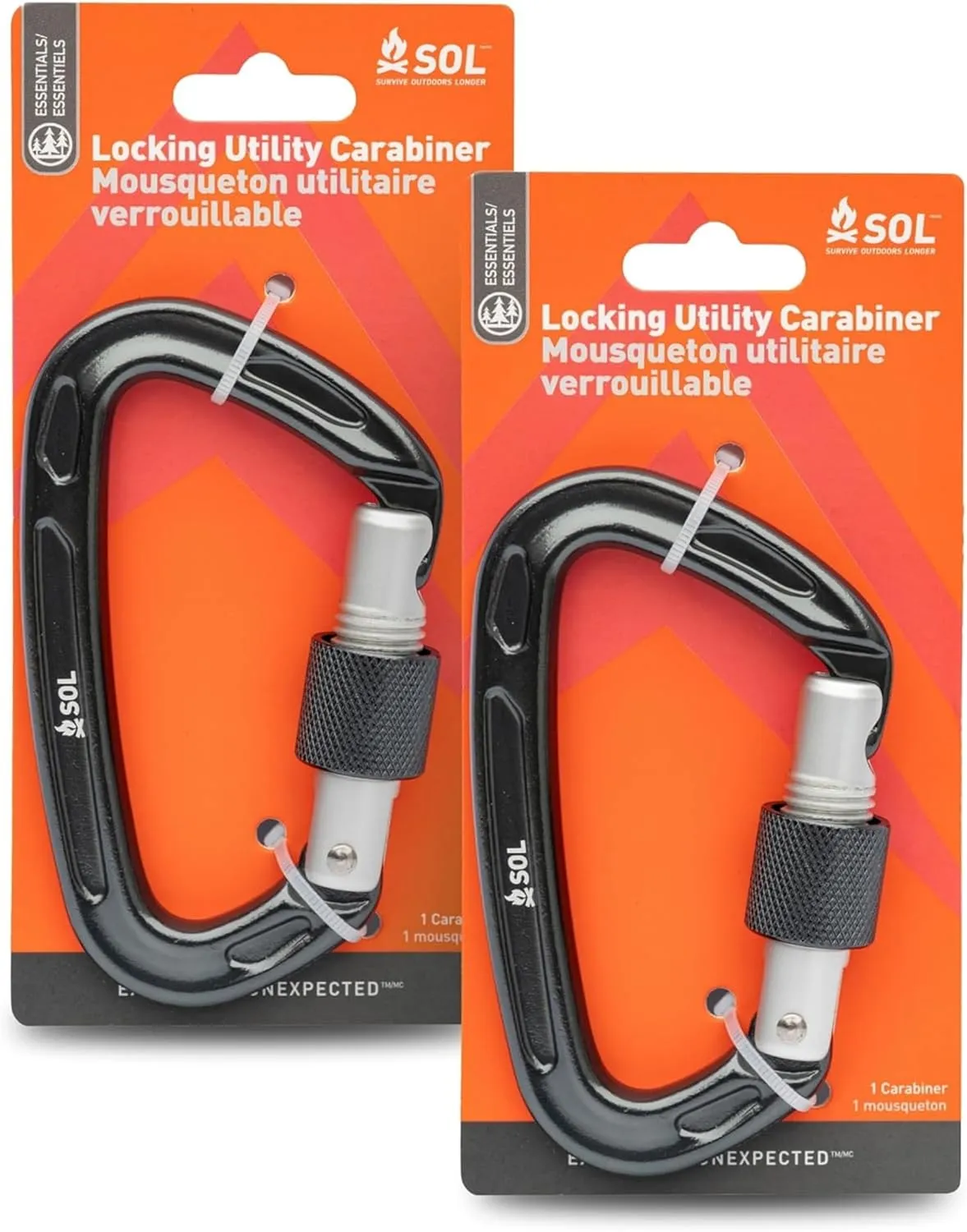 S.O.L. Survive Outdoors Longer Locking Utility Carabiner 10 cm - (Pack of 2)