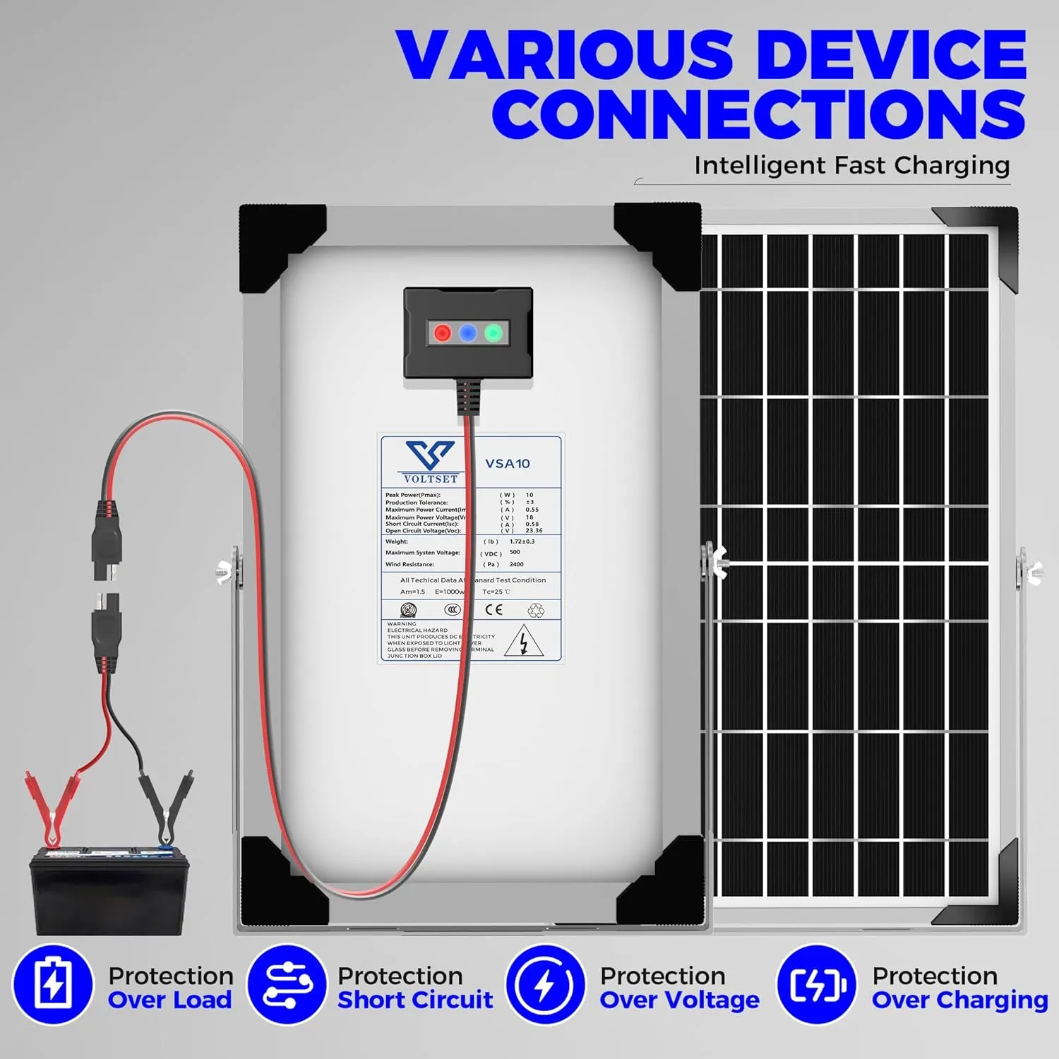 Solar Battery Trickle Charger: 10 Watt 12V Solar Panel Maintainer for Car Boat - Waterproof Monocrystalline Solar Charger with Controller for RV Marine Trailer Truck Motorcycle