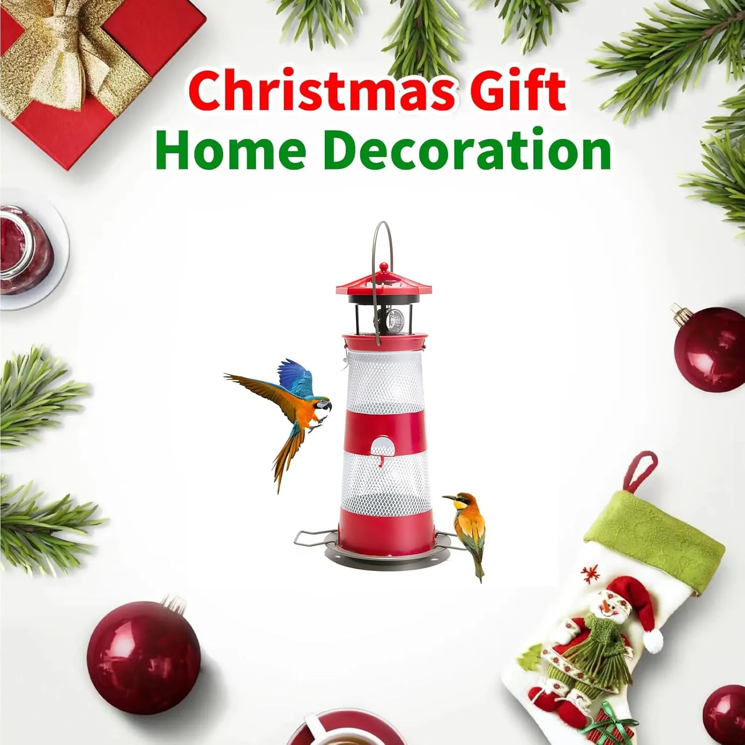 Solar Bird Feeder Lighthouse Hanging Outdoor Birdfeeder Garden Lantern Waterproof LED Lights Backyard Décor Patio Gifts for Bird Lovers