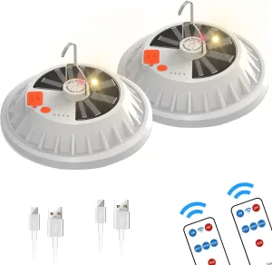 Solar Camping Lantern, BaishenglinMotor LED Solar USB Rechargeable Portable LED Lanterns Flashlights with Remote Control for Indoor Outdoor Home Emergency Power Outage Hurricane Supplies 2-Pack