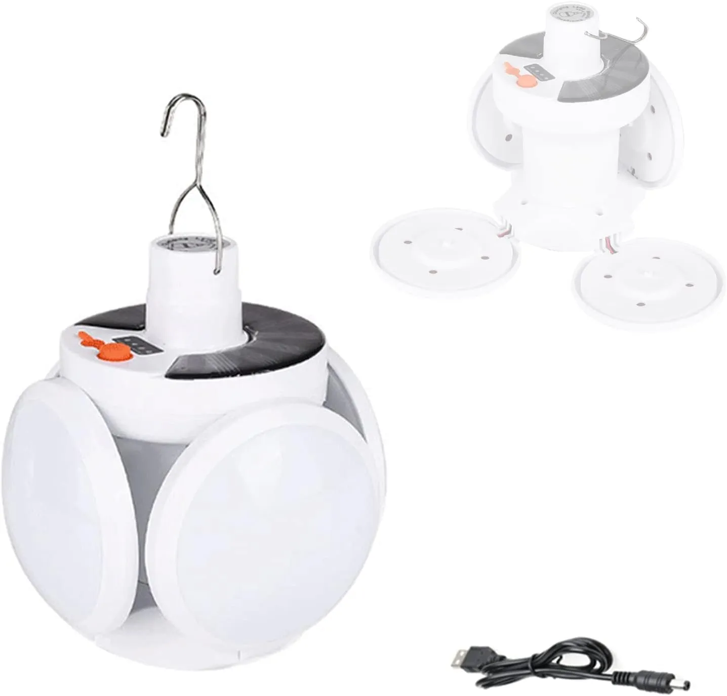 Solar Camping Lantern LED Folding Sphere Bulb Solar Lights Rechargeable Headlight with Hanging Hook for Home Outdoor Travel BBQ