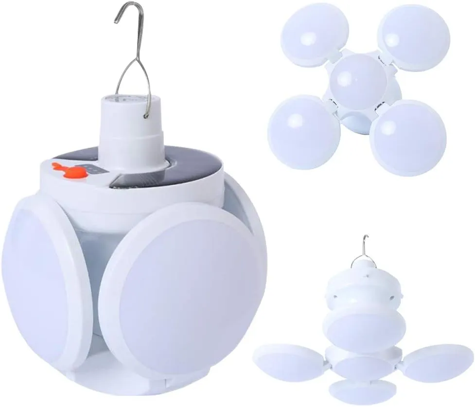 Solar Camping Light with LED Lantern，Portable Tent Lamp with Hanging Hook，Folding Football Bulbs Rechargeable Light with Cable for Camping, Outdoor, Office, Home, Tent, car, barn,Workshop, Warehouse
