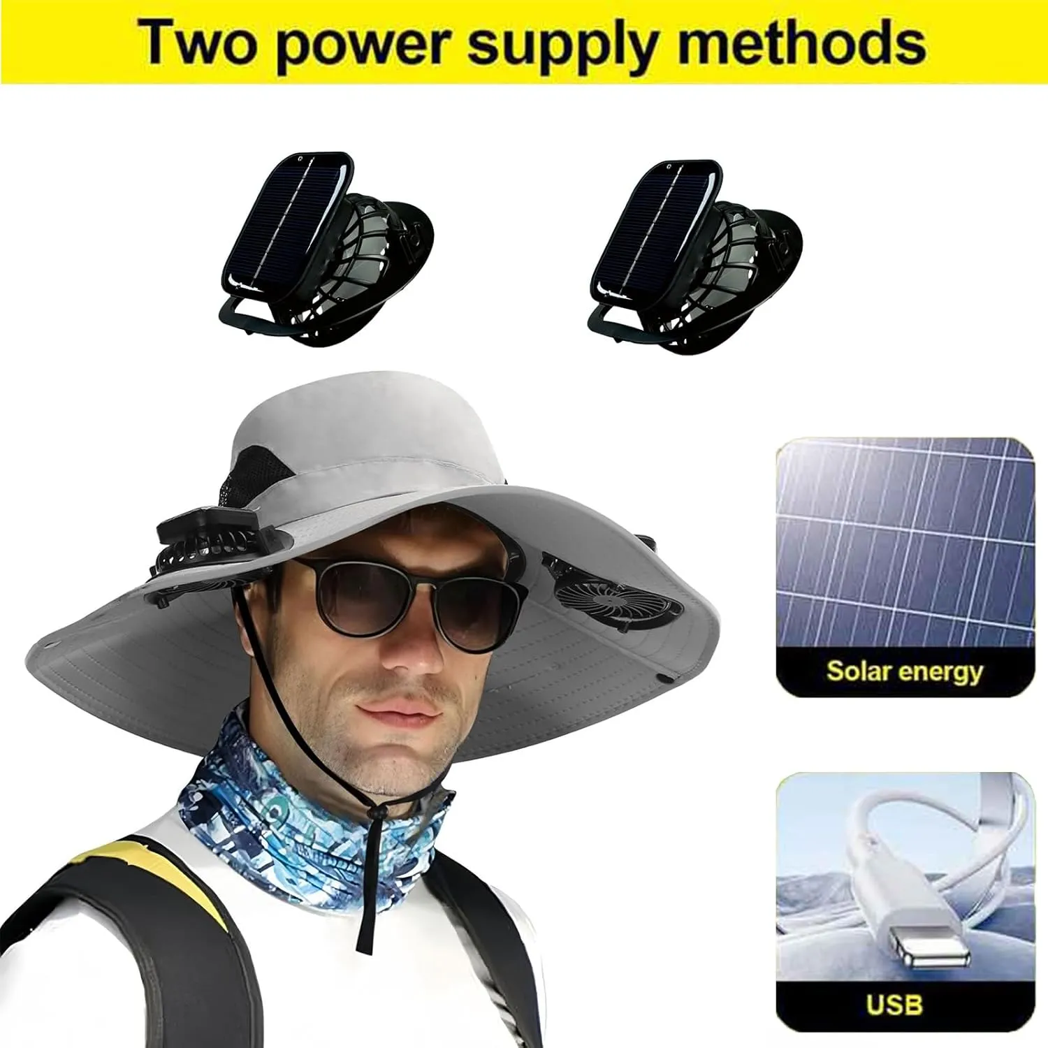 Solar Fan Hat Outdoor, Wide Brim Sun Hat with 2 Solar Fans, 2025 UPF 50  Bucket Sun Hat for Men Women, Solar Powered