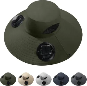 Solar Fan Hat Outdoor, Wide Brim Sun Hat with 2 Solar Fans, 2025 UPF 50  Bucket Sun Hat for Men Women, Solar Powered