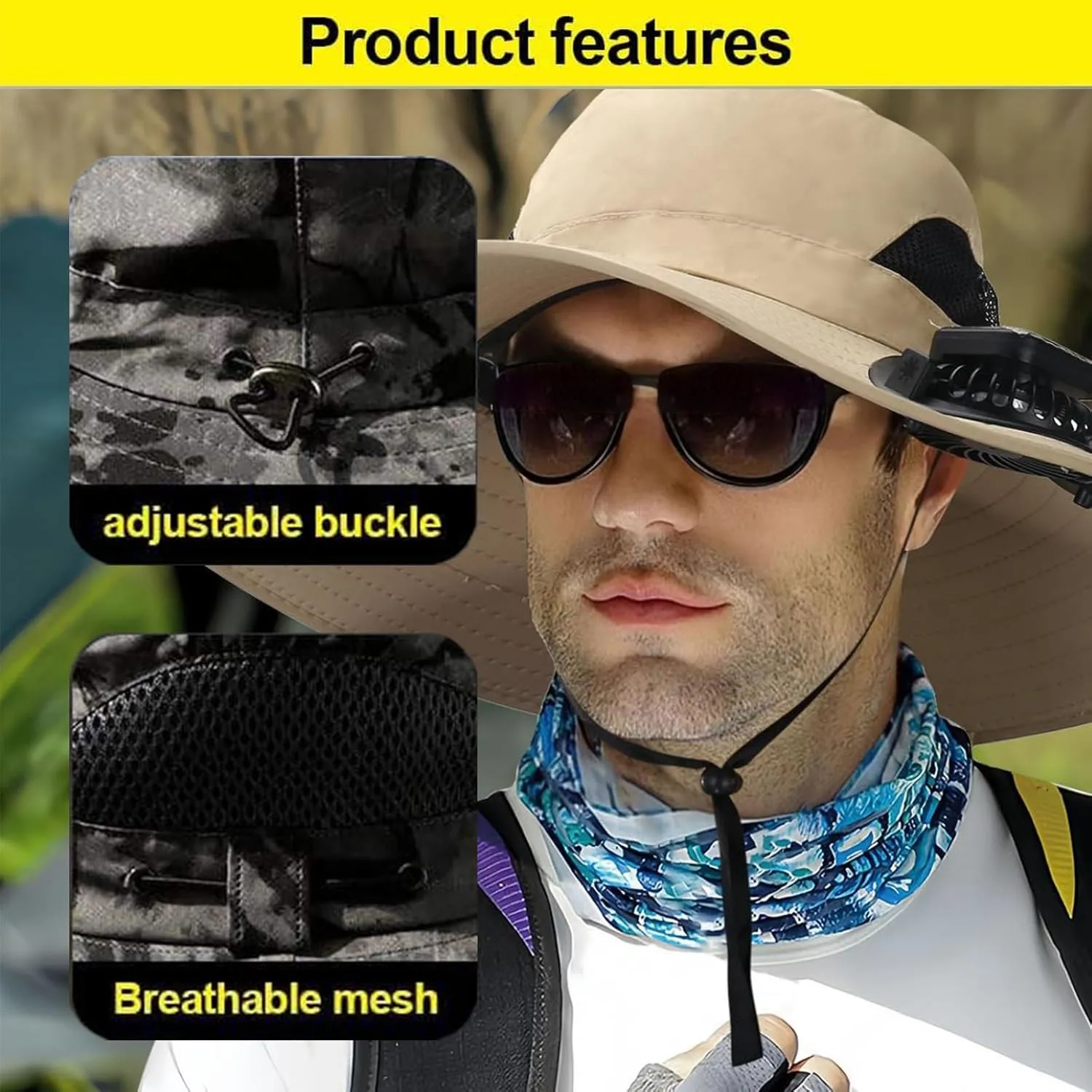 Solar Fan Hat Outdoor, Wide Brim Sun Hat with 2 Solar Fans, 2025 UPF 50  Bucket Sun Hat for Men Women, Solar Powered