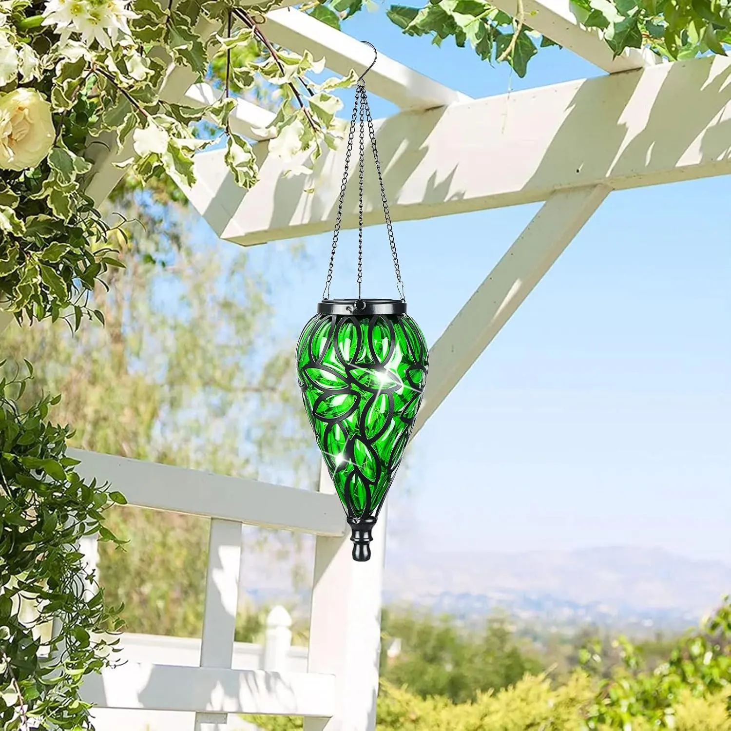 Solar Hanging Lantern Outdoor Lights, Tear-Shaped 15 LEDs Cool White Hanging Lights with S Hooks Decor in Garden, Yard, Pathway, Front Door and Landscape