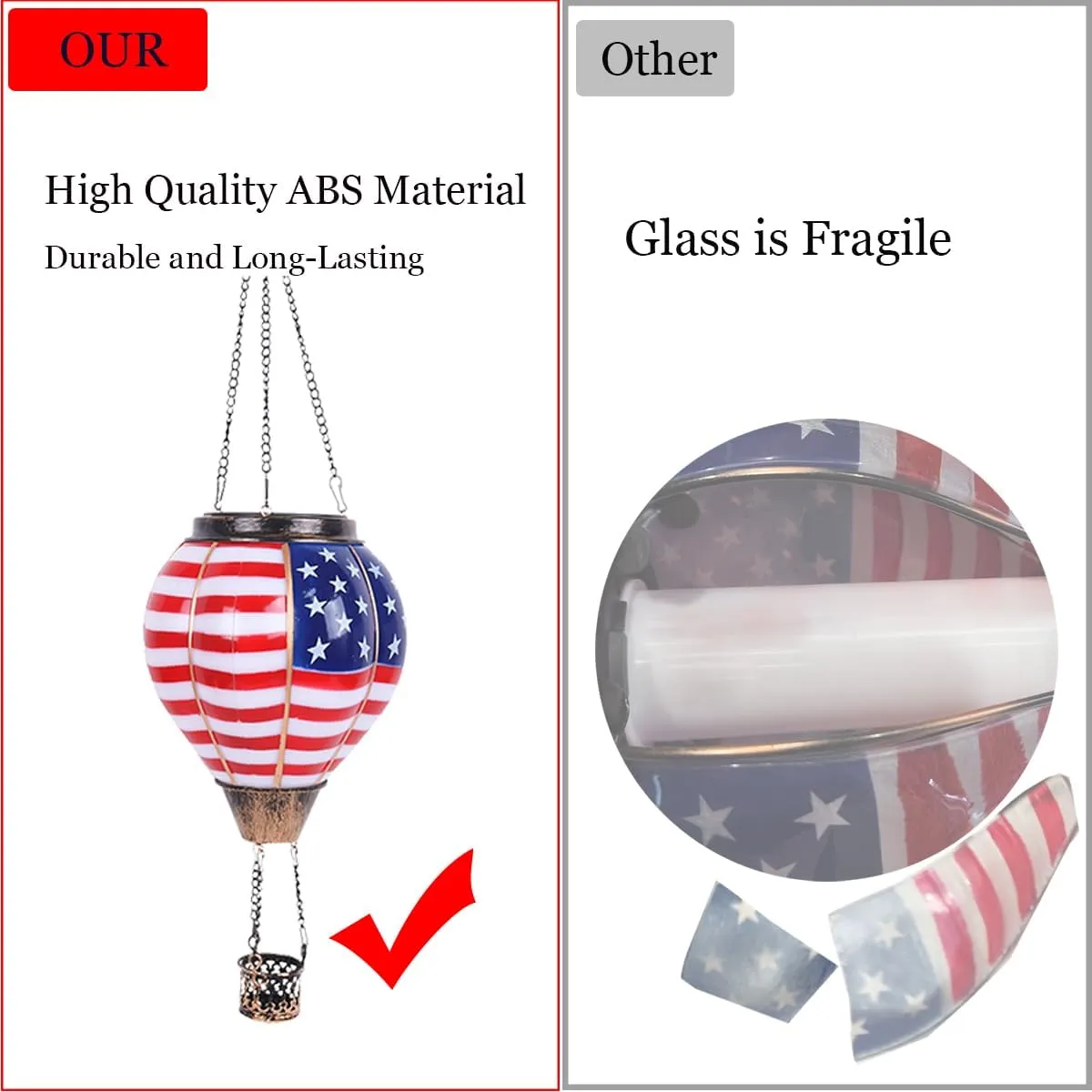 Solar Hot Air Balloon Lantern with Flame, Hanging Outdoor Waterproof Lantern with Flickering Flame,Solar American Flag Lights Outdoor, for Yard Decoration,Air Balloon Solar Light (Flag)