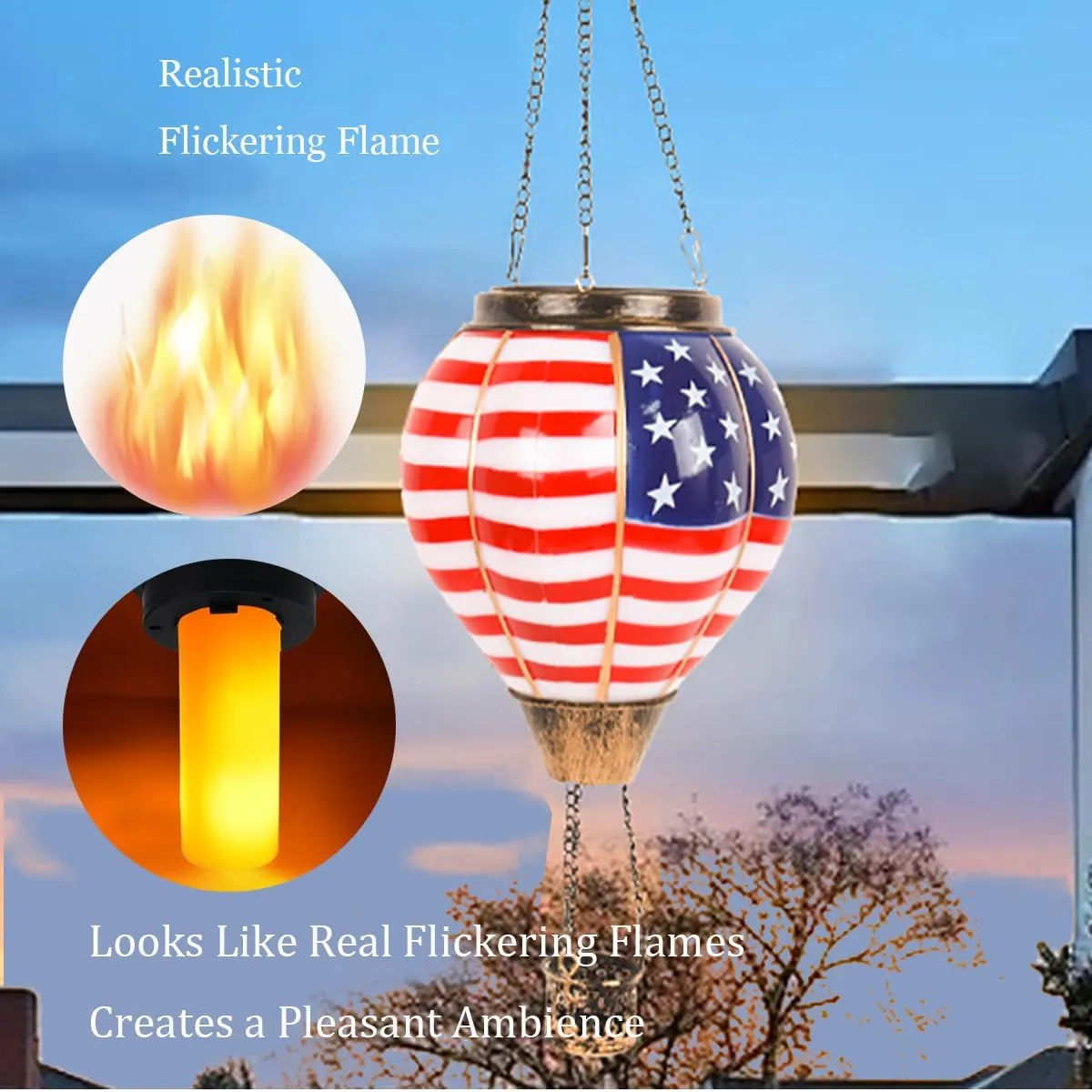 Solar Hot Air Balloon Lantern with Flame, Hanging Outdoor Waterproof Lantern with Flickering Flame,Solar American Flag Lights Outdoor, for Yard Decoration,Air Balloon Solar Light (Flag)