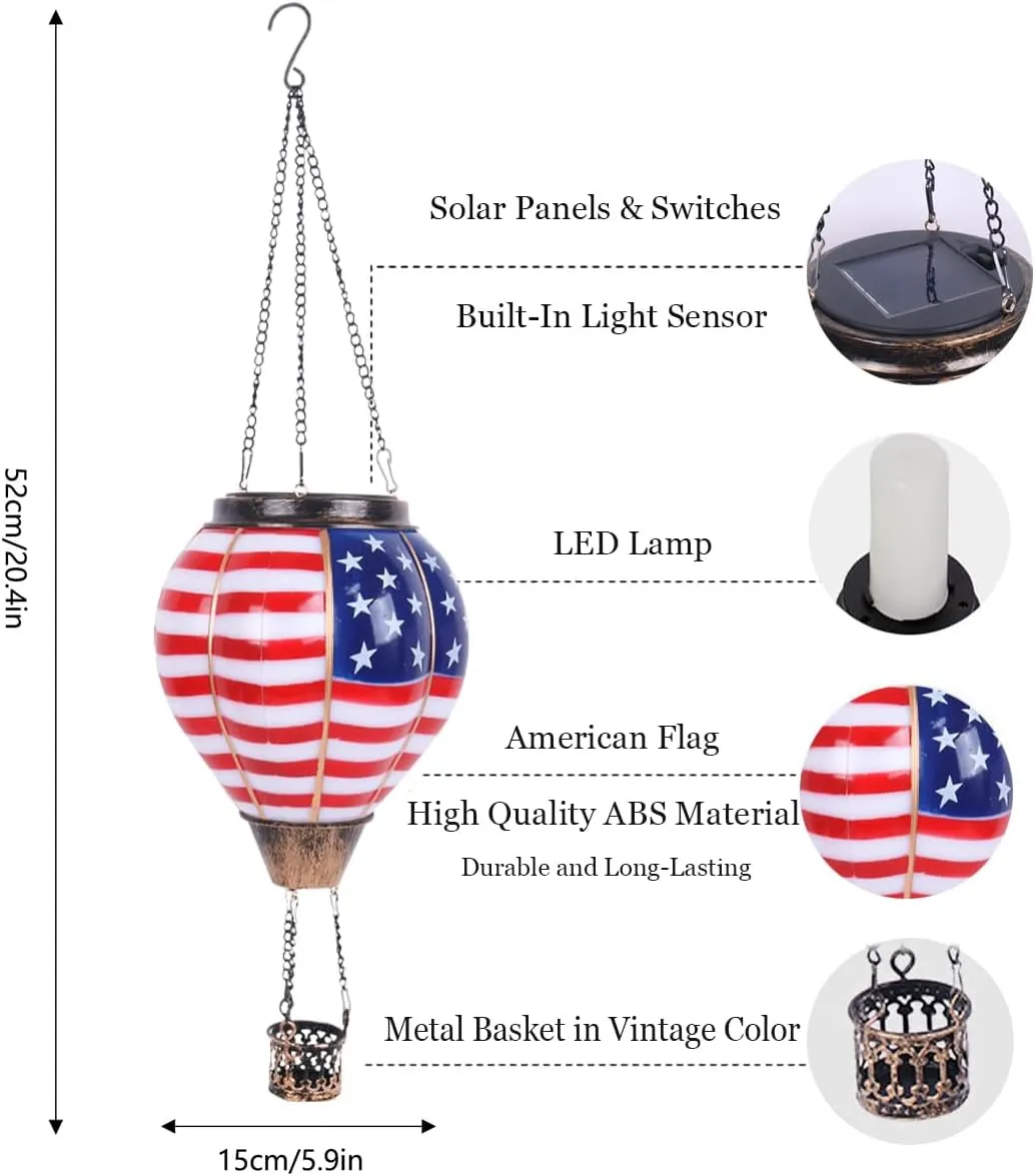 Solar Hot Air Balloon Lantern with Flame, Hanging Outdoor Waterproof Lantern with Flickering Flame,Solar American Flag Lights Outdoor, for Yard Decoration,Air Balloon Solar Light (Flag)