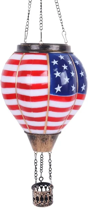 Solar Hot Air Balloon Lantern with Flame, Hanging Outdoor Waterproof Lantern with Flickering Flame,Solar American Flag Lights Outdoor, for Yard Decoration,Air Balloon Solar Light (Flag)