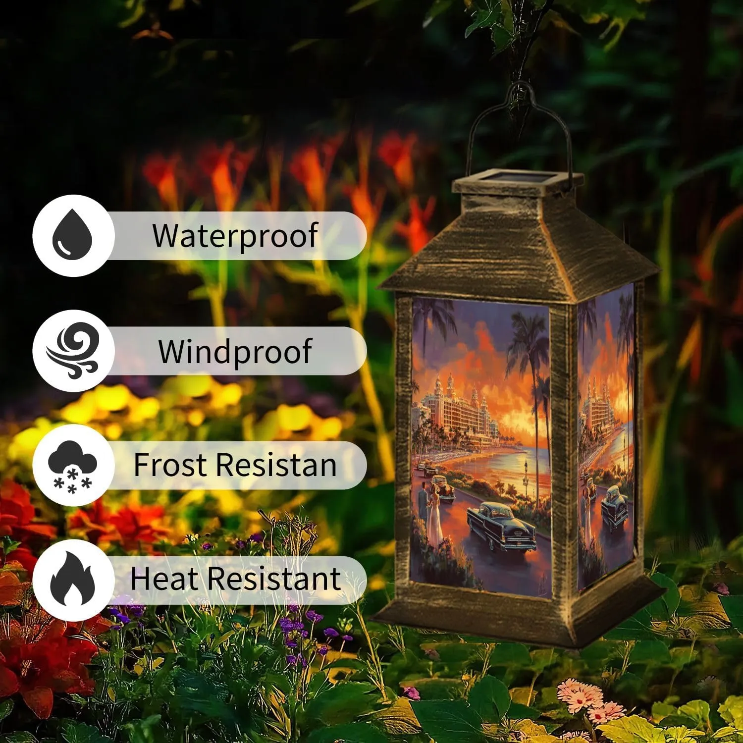Solar Lantern Art Sunset Bay Illustration Opulent Hotel Retro Cars Outdoor Waterproof Garden Hanging Lantern Solar Powered Lighting Outside Table Lamp for Patio Deck Camping 1 Pack